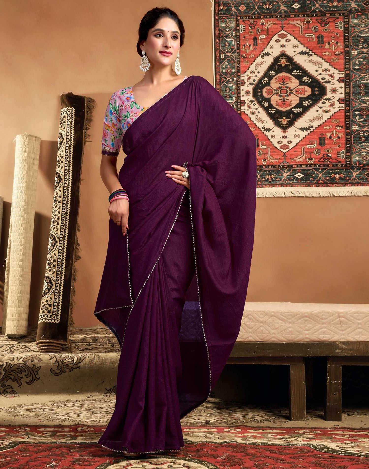 Purple Vichitra Silk Lace Plain Saree