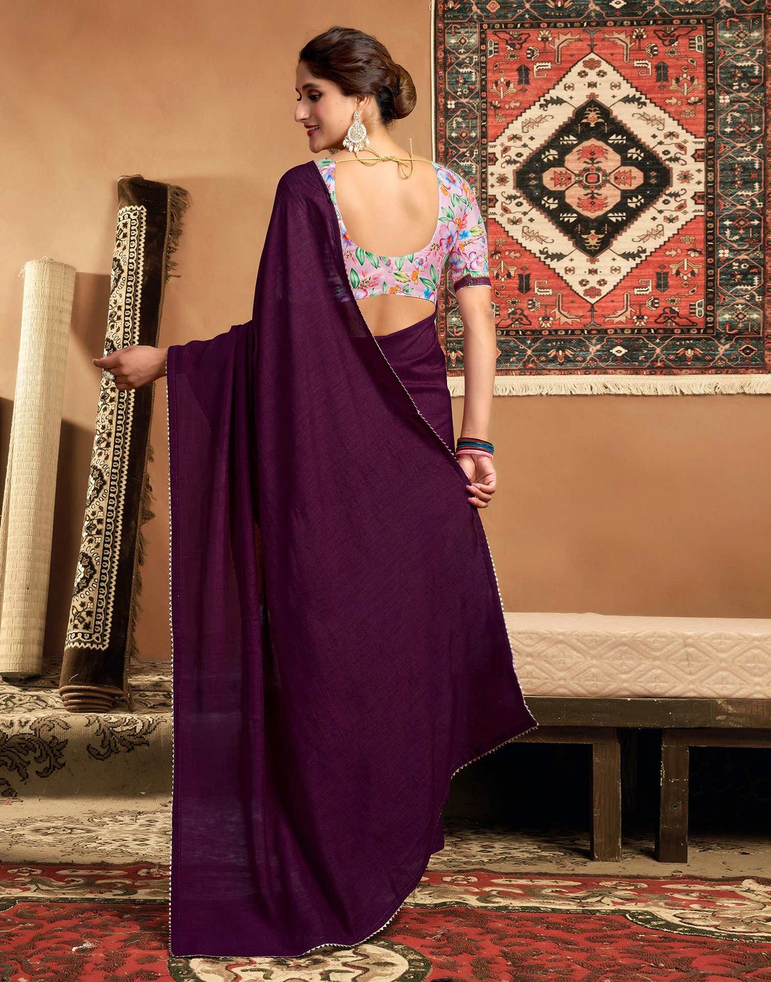 Purple Vichitra Silk Lace Plain Saree
