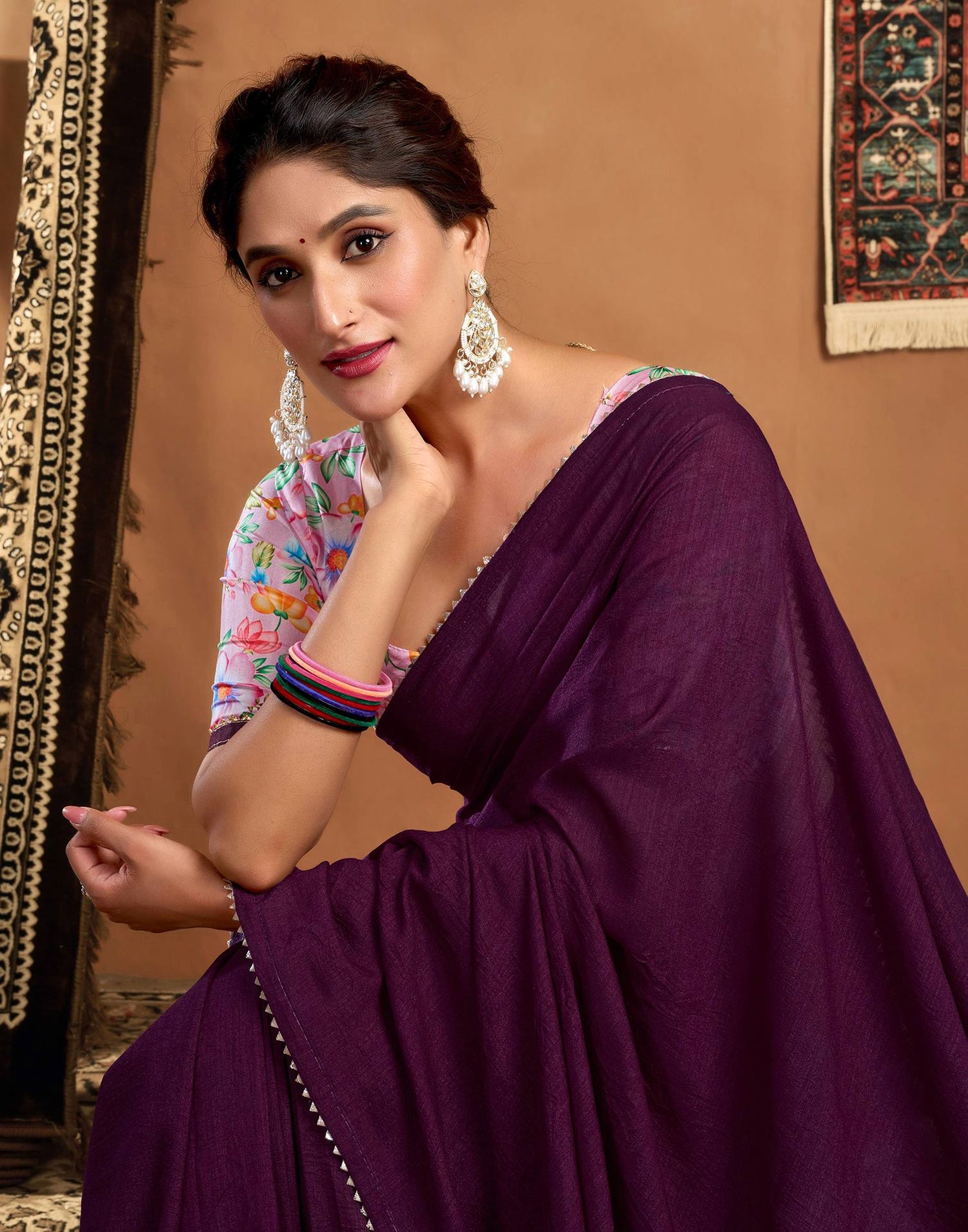 Purple Vichitra Silk Lace Plain Saree