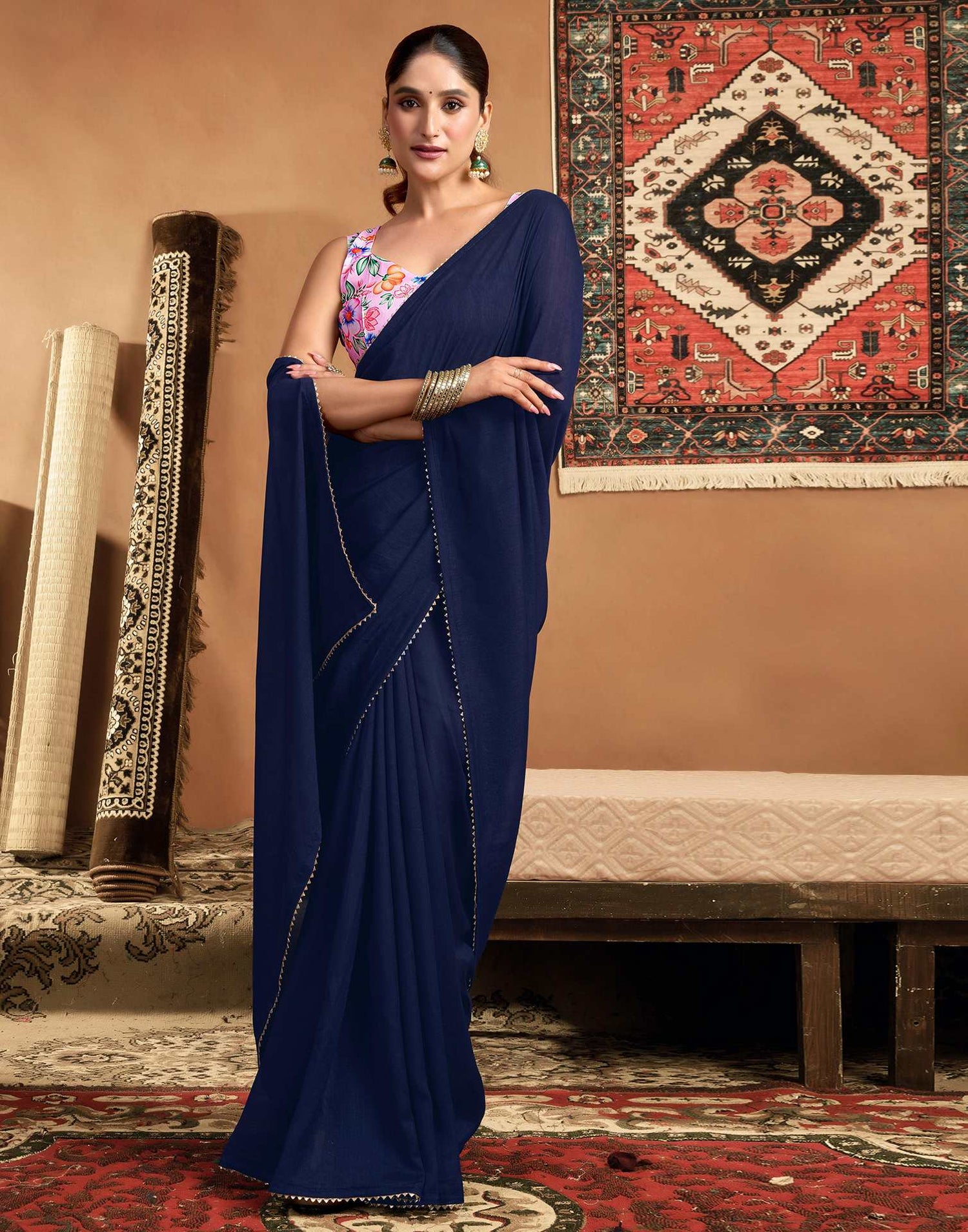 Blue Vichitra Silk Lace Plain Saree