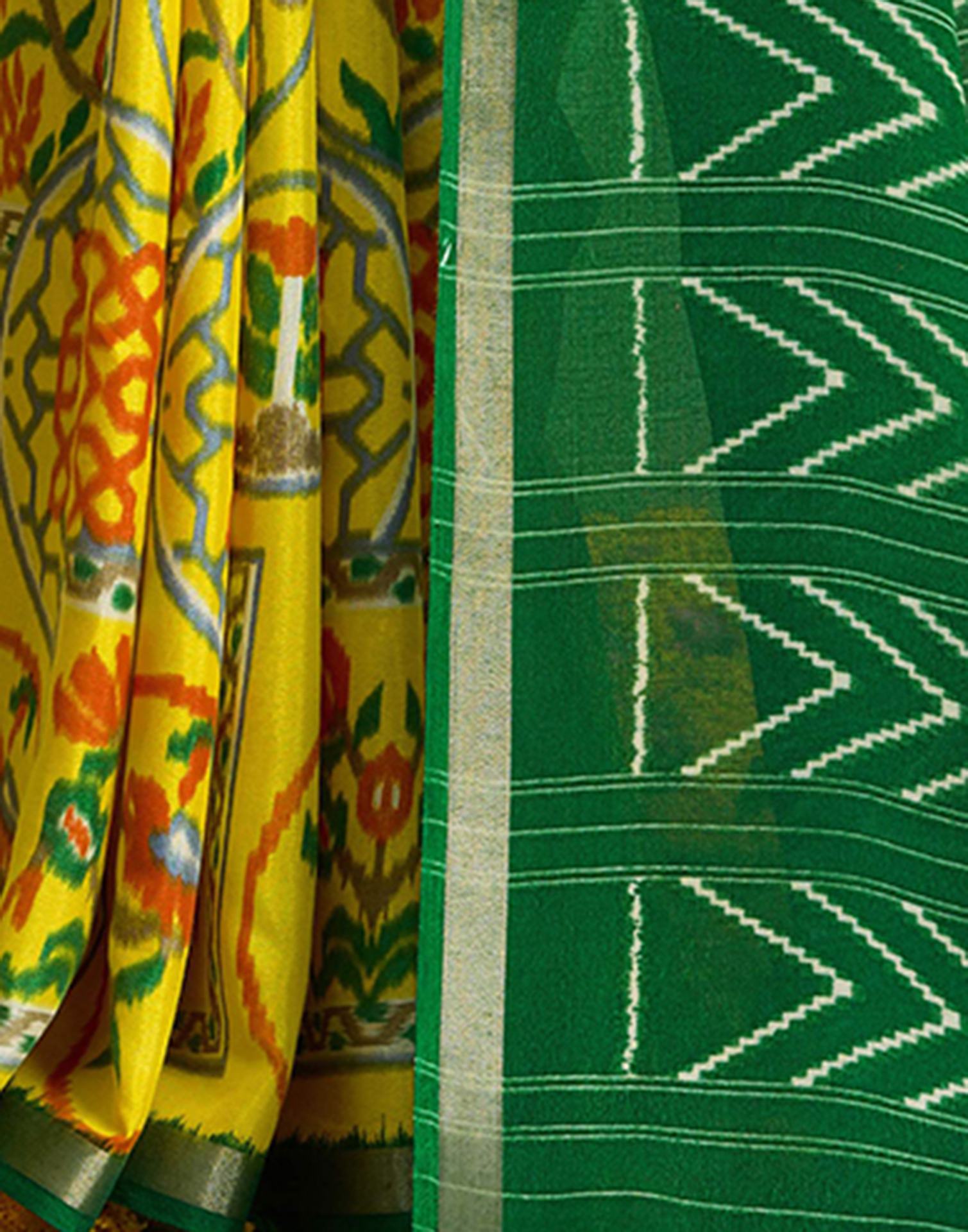 Yellow Silk Zari Printed Saree