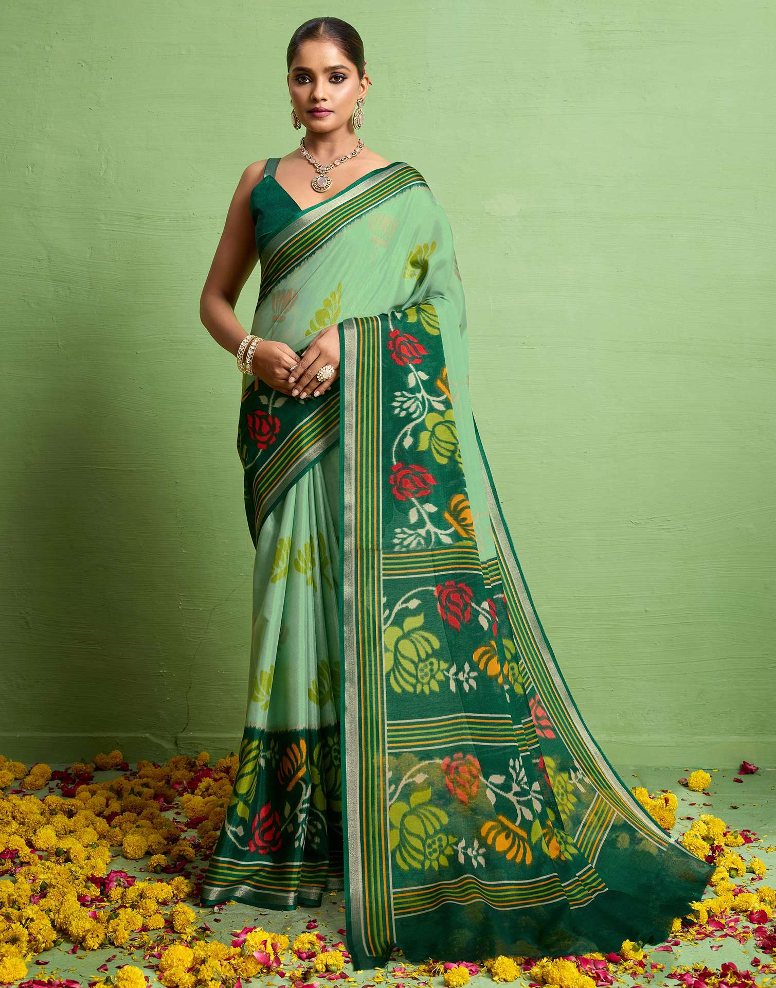 Green Silk Zari Floral Printed Saree