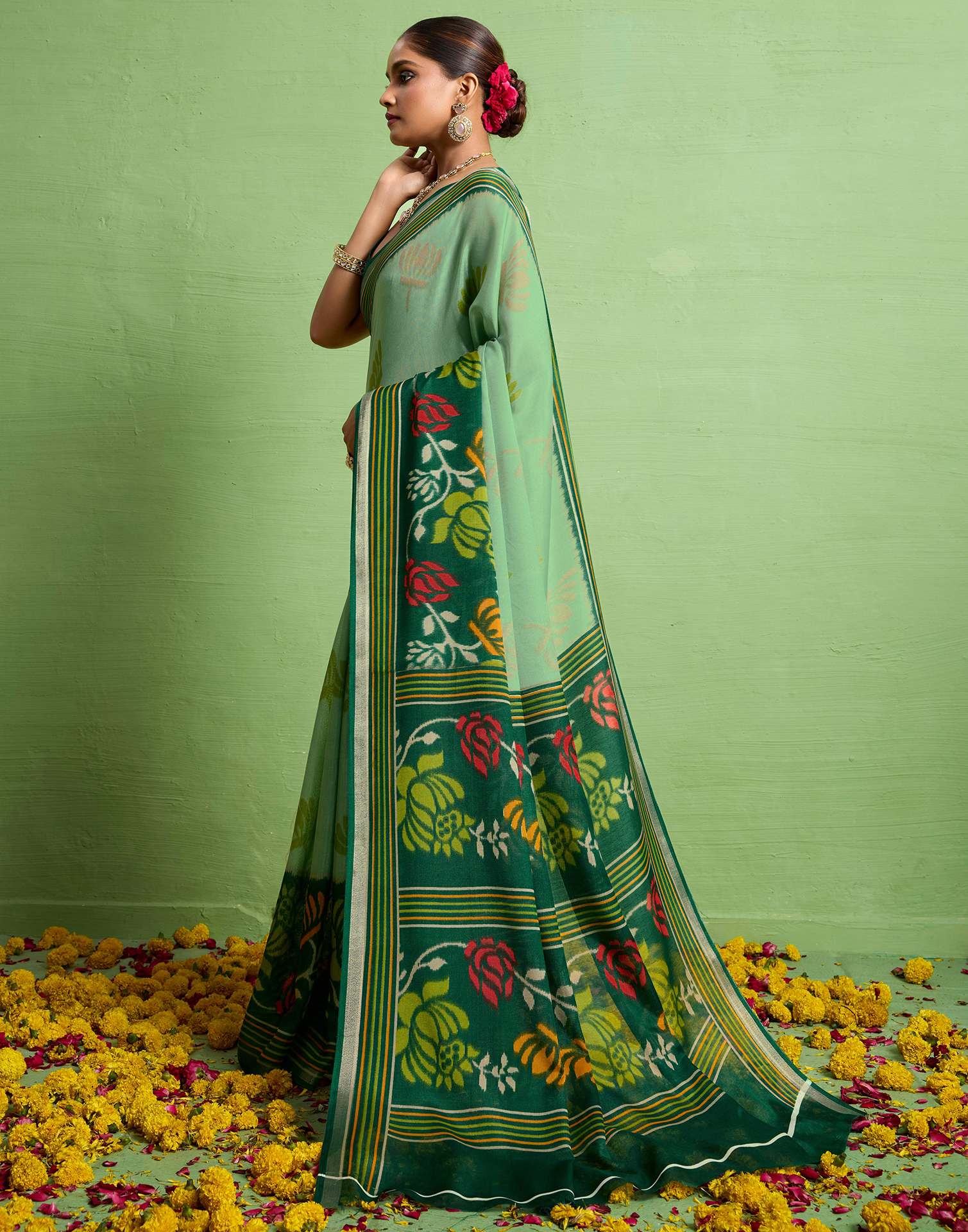 Green Silk Zari Floral Printed Saree