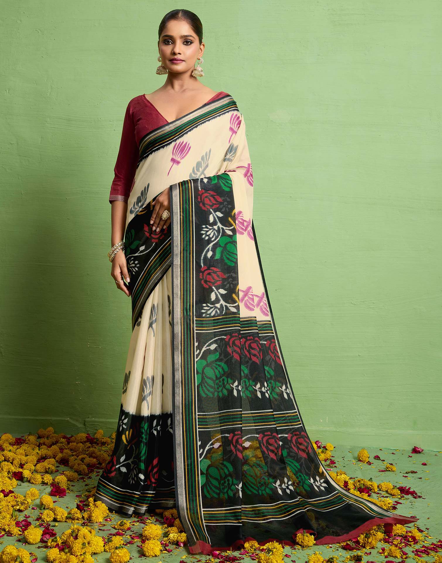 Black Silk Zari Floral Printed Saree