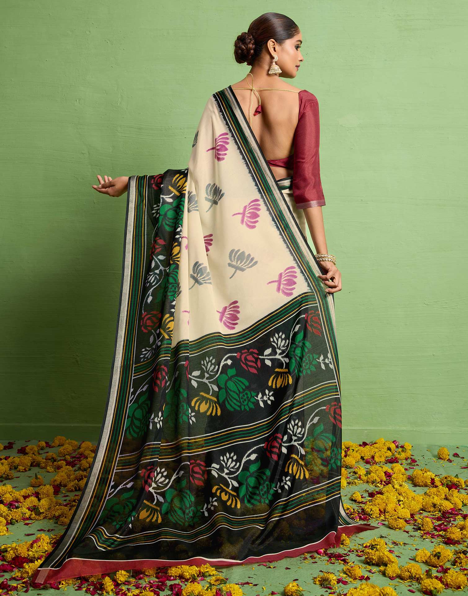 Black Silk Zari Floral Printed Saree