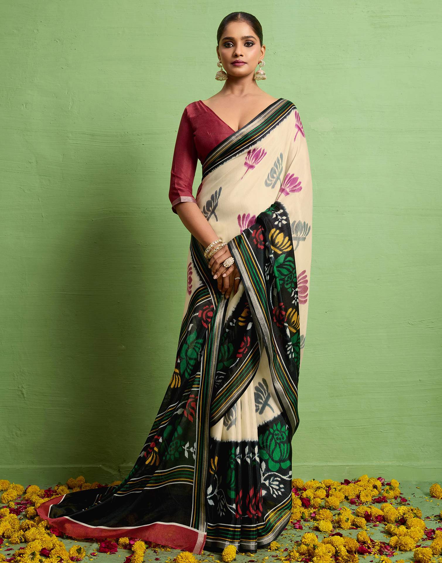 Black Silk Zari Floral Printed Saree