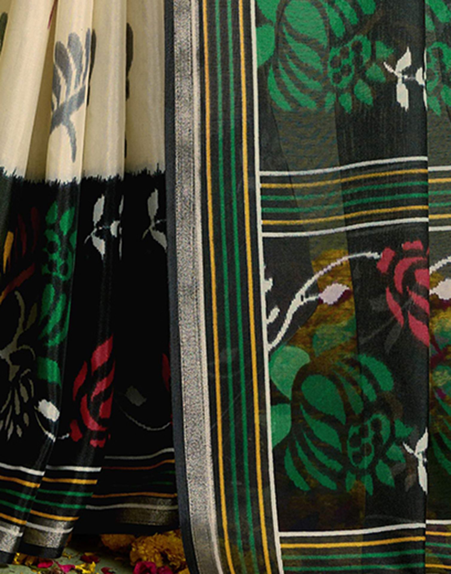 Black Silk Zari Floral Printed Saree