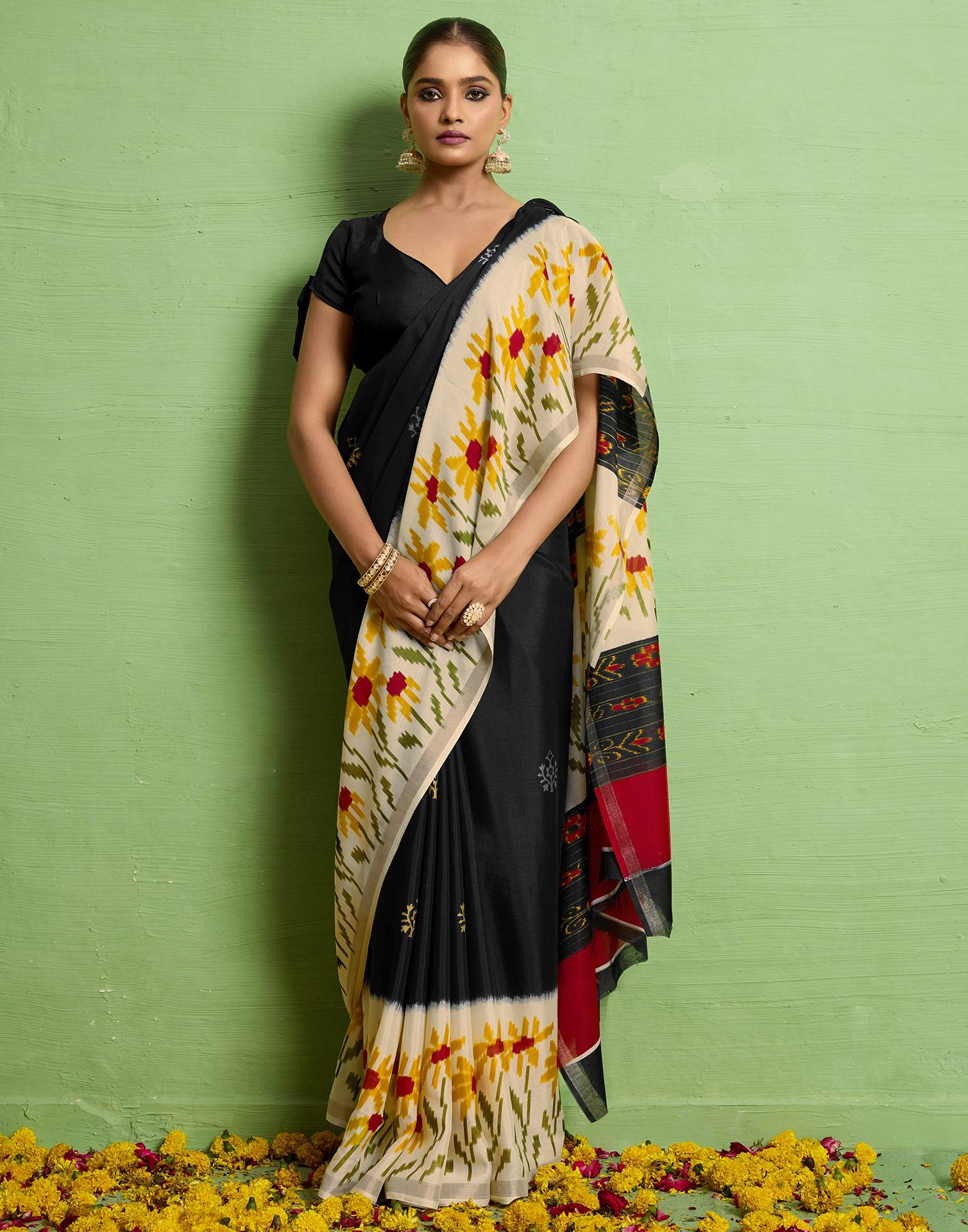 Black Silk Zari Floral Printed Saree