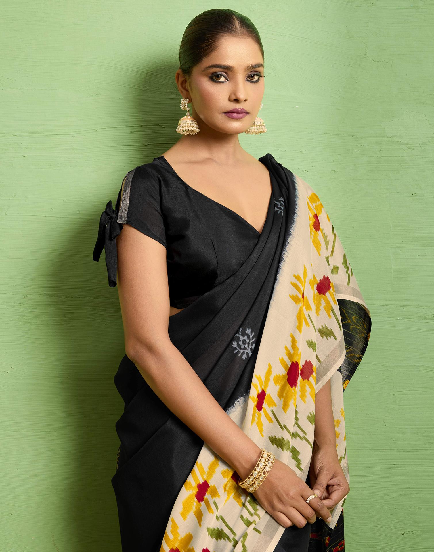 Black Silk Zari Floral Printed Saree