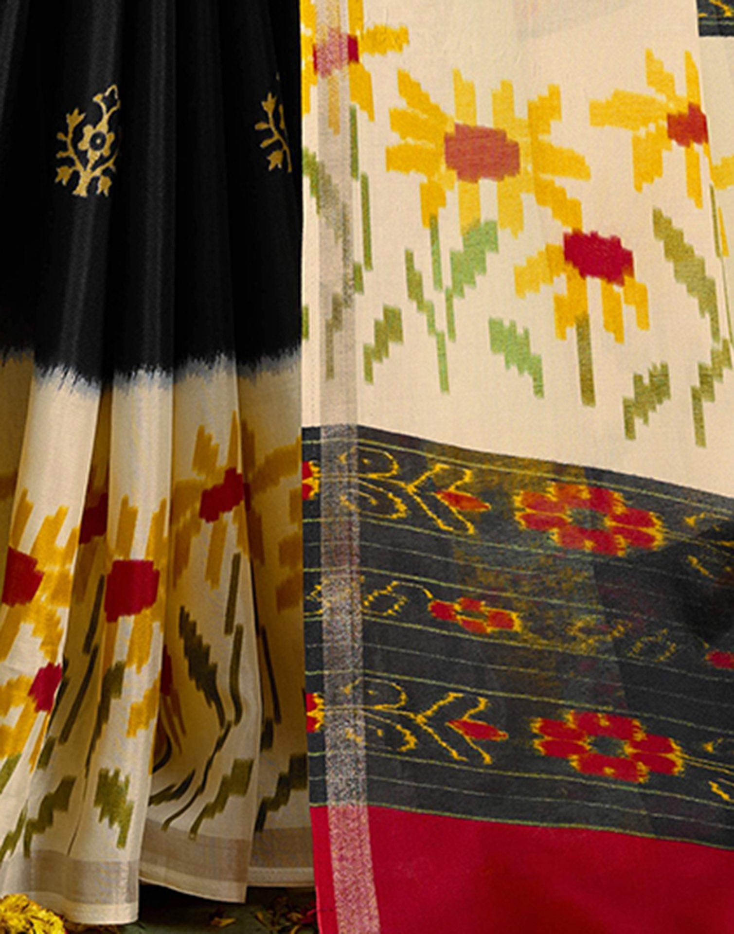 Black Silk Zari Floral Printed Saree