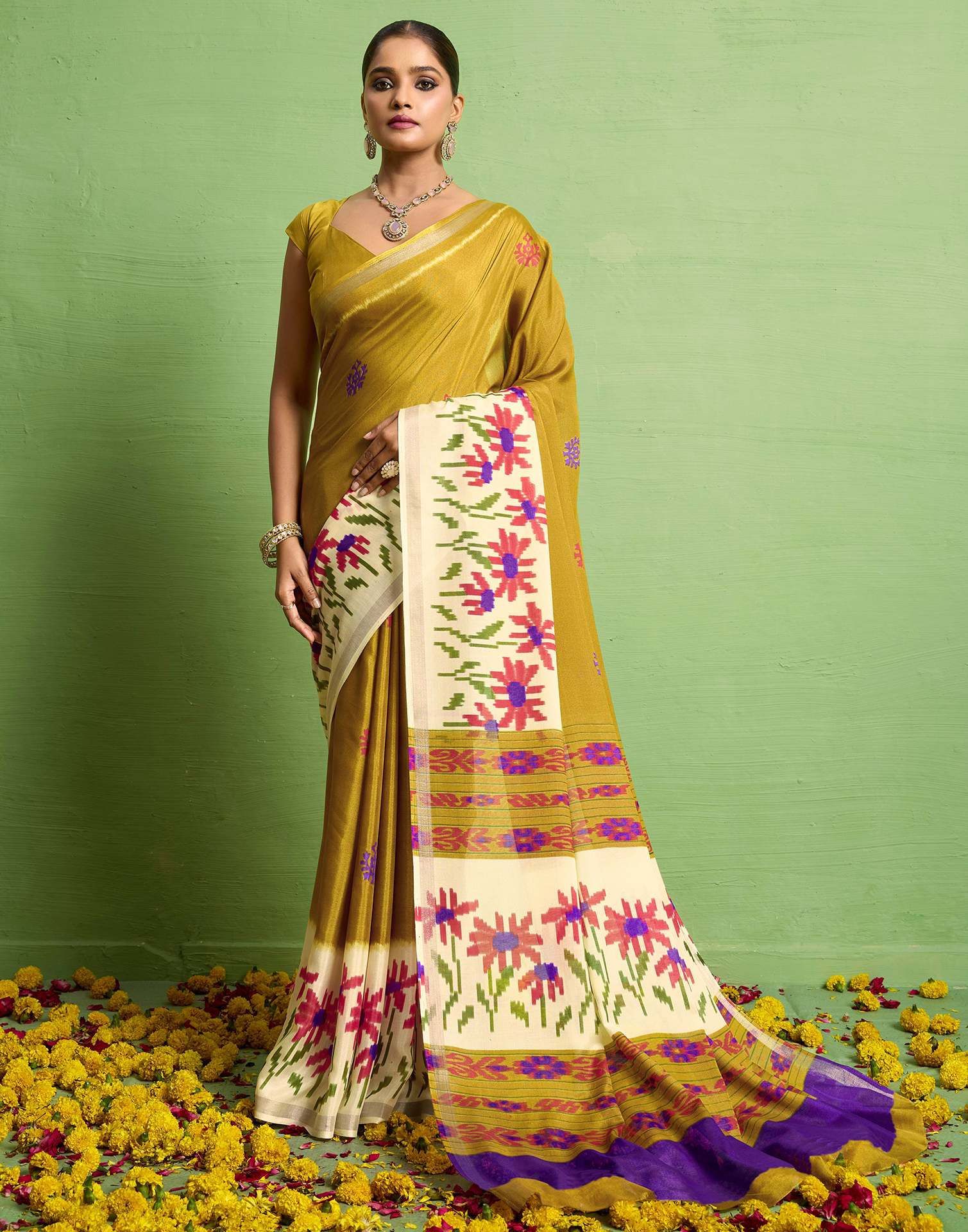 Mustard Yellow Silk Zari Floral Printed Saree