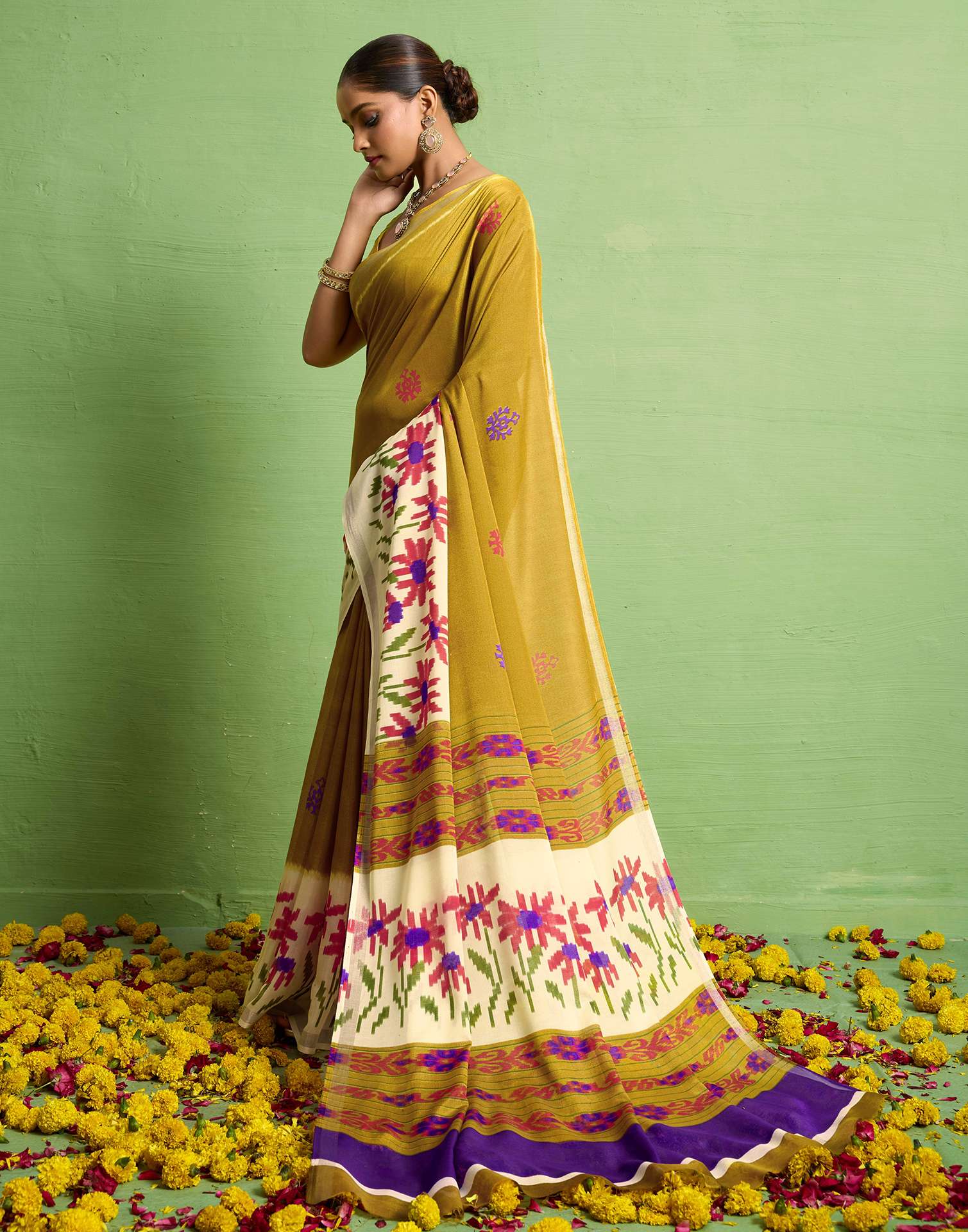 Mustard Yellow Silk Zari Floral Printed Saree