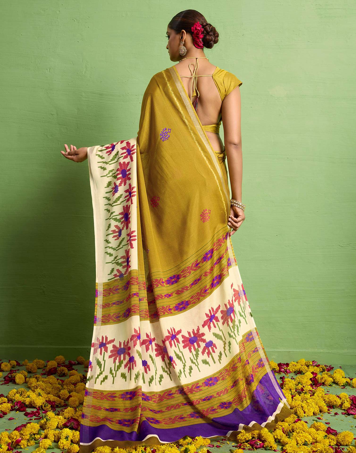 Mustard Yellow Silk Zari Floral Printed Saree