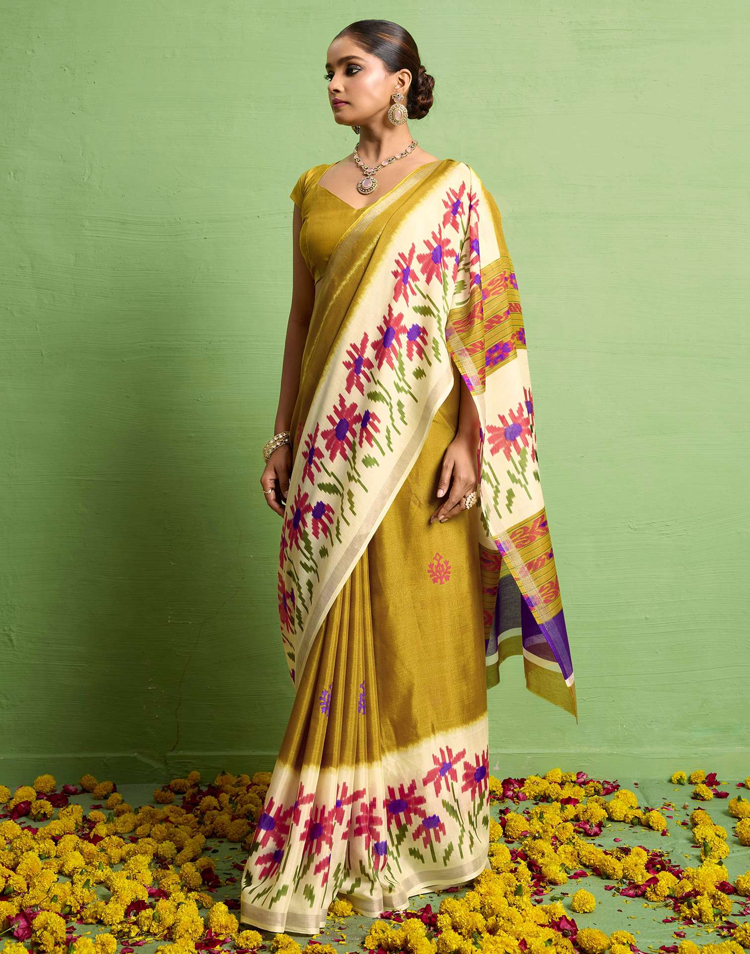 Mustard Yellow Silk Zari Floral Printed Saree