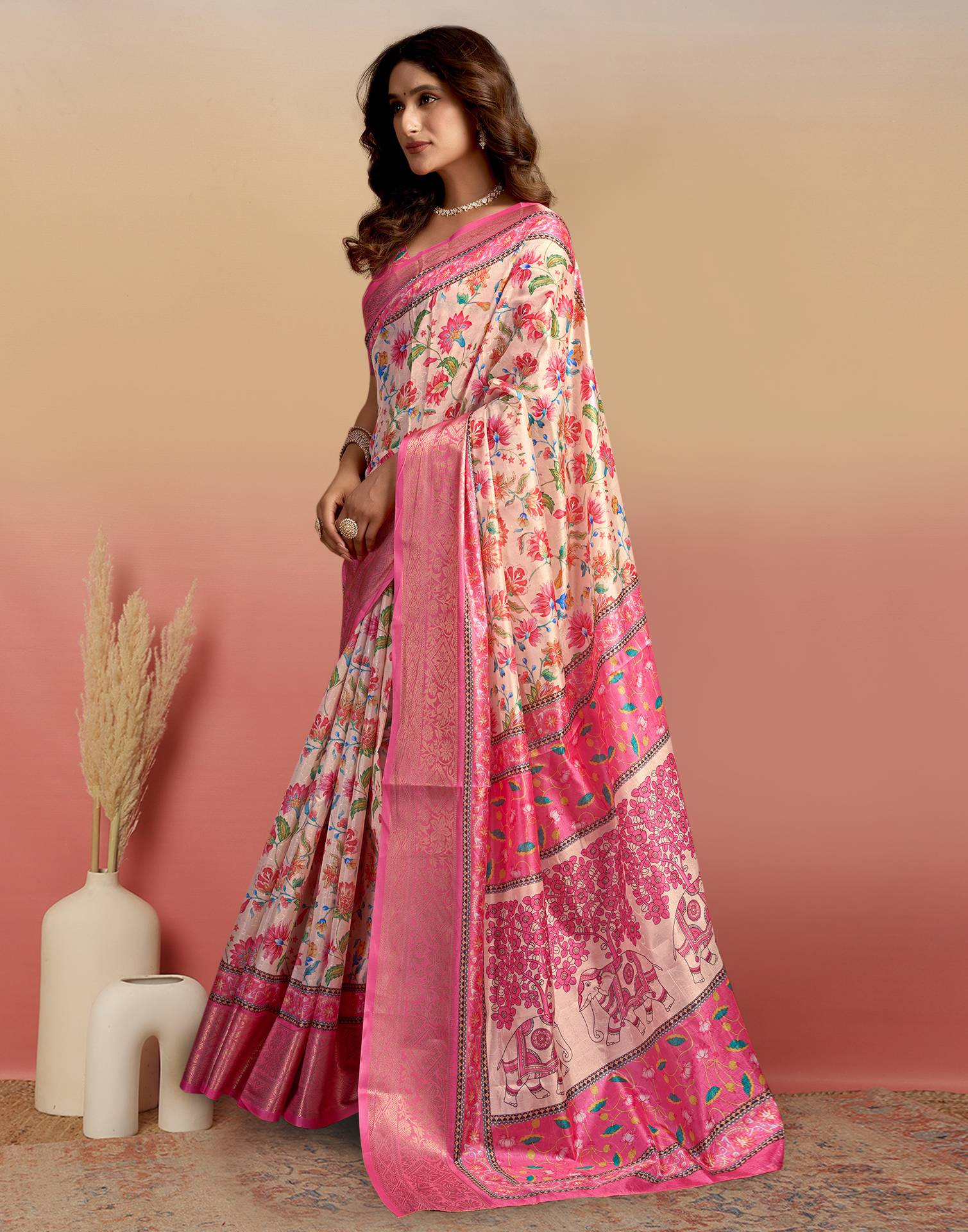 Cream Silk Floral Printed Saree
