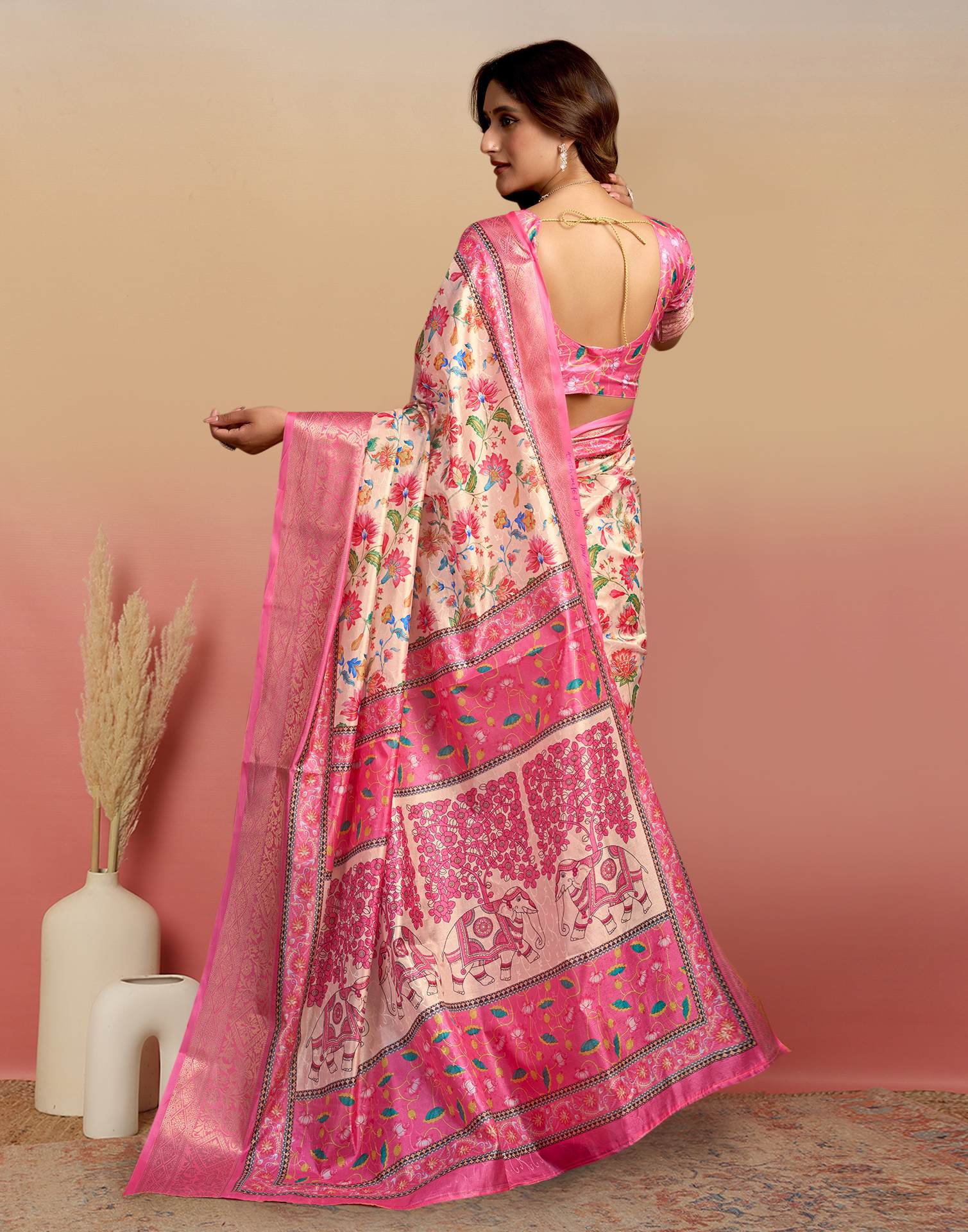 Cream Silk Floral Printed Saree