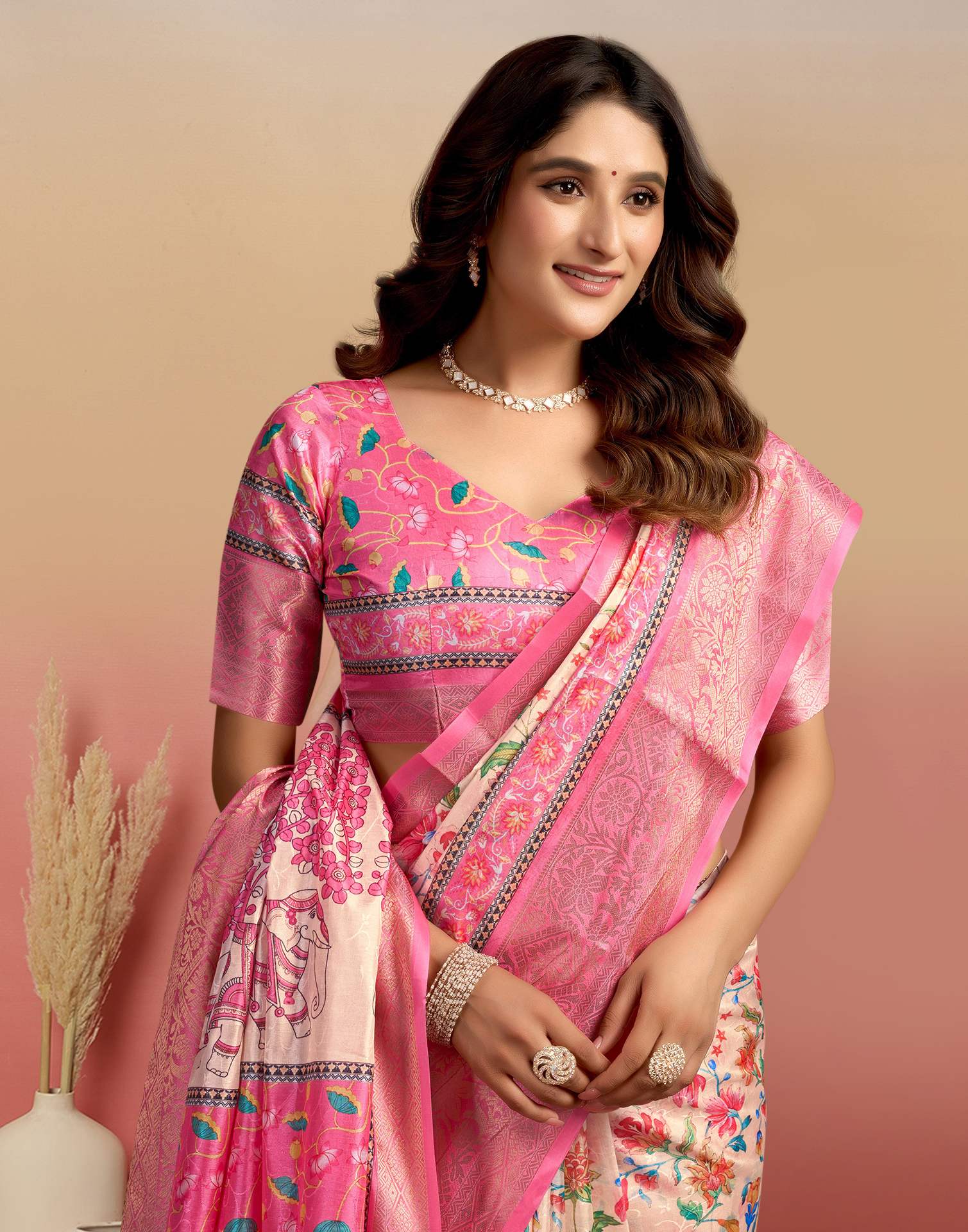 Cream Silk Floral Printed Saree