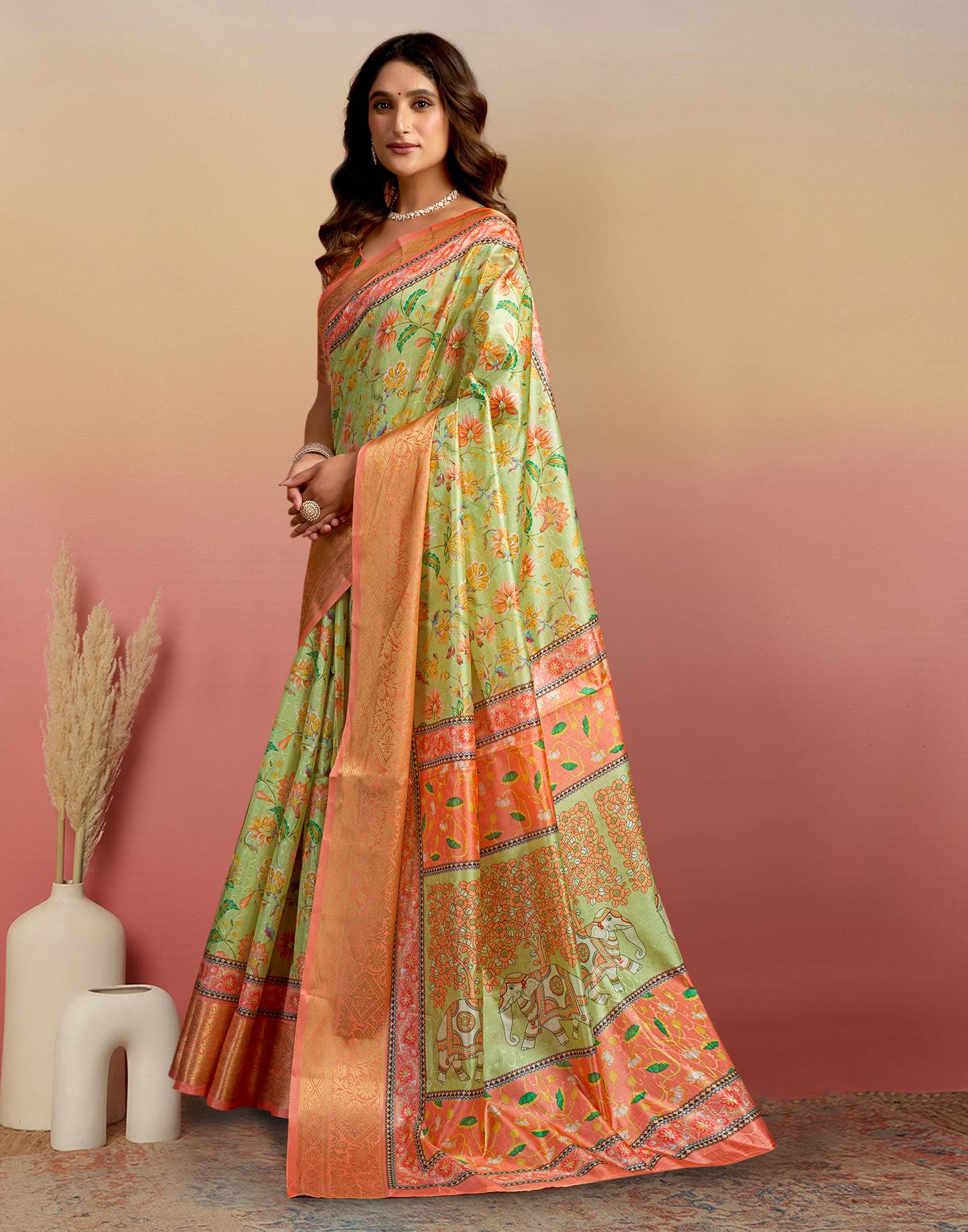 Light Green Silk Floral Printed Saree