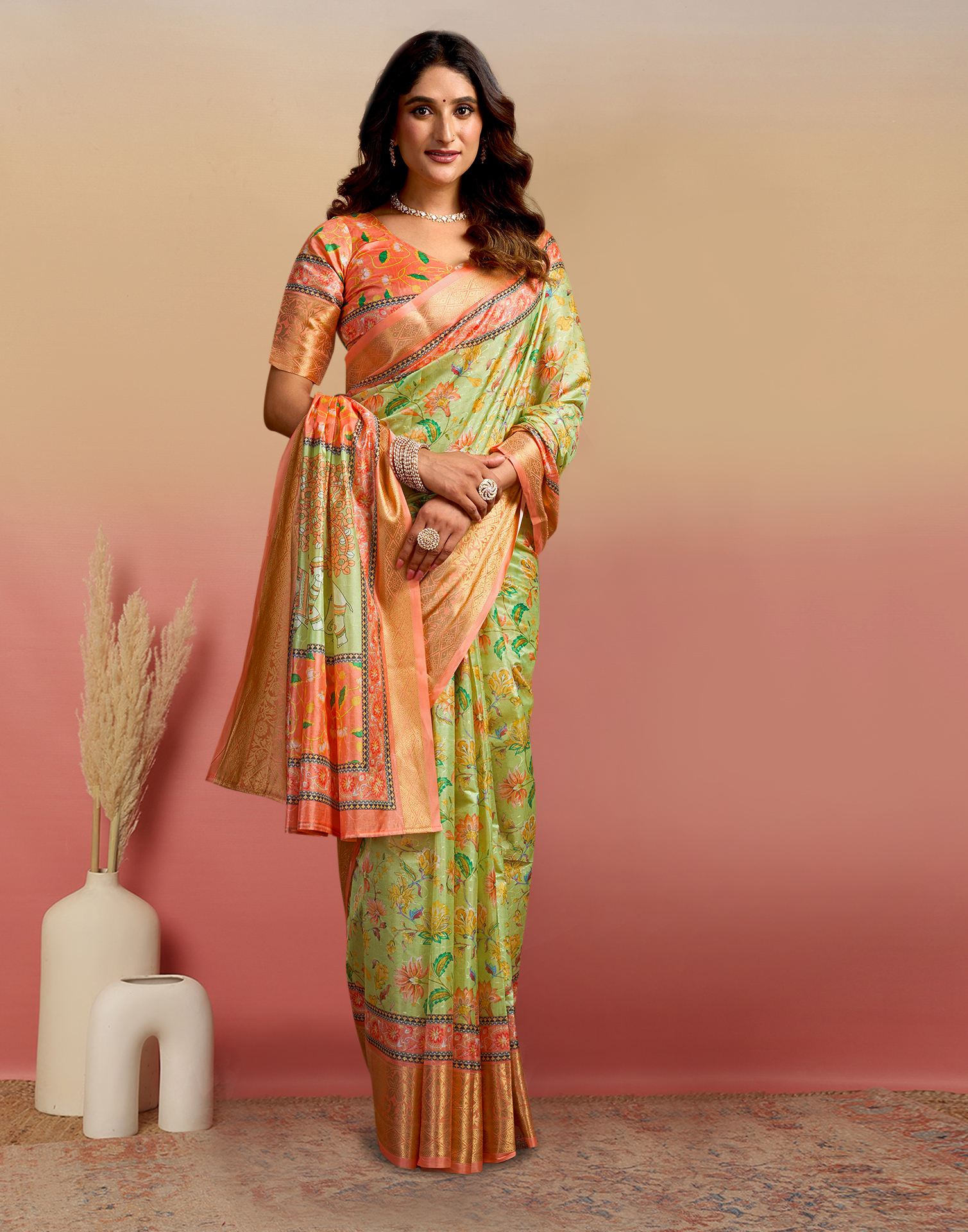 Light Green Silk Floral Printed Saree
