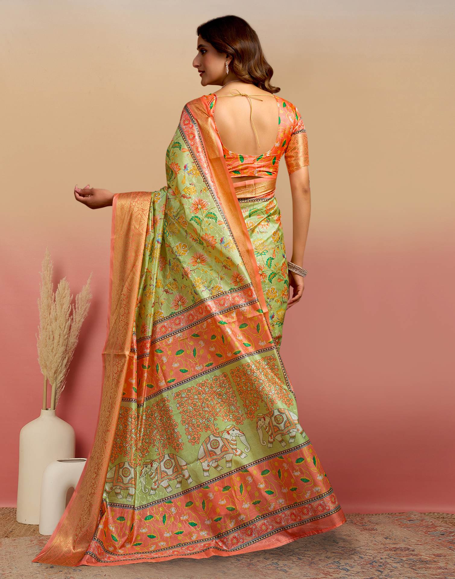 Light Green Silk Floral Printed Saree