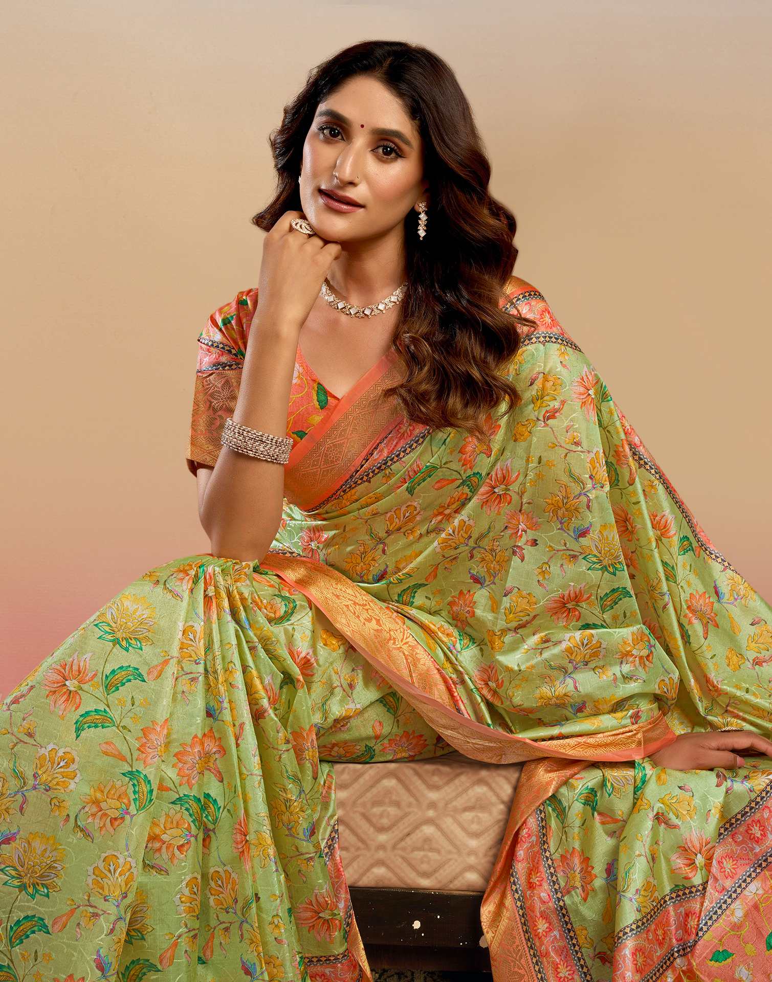Light Green Silk Floral Printed Saree
