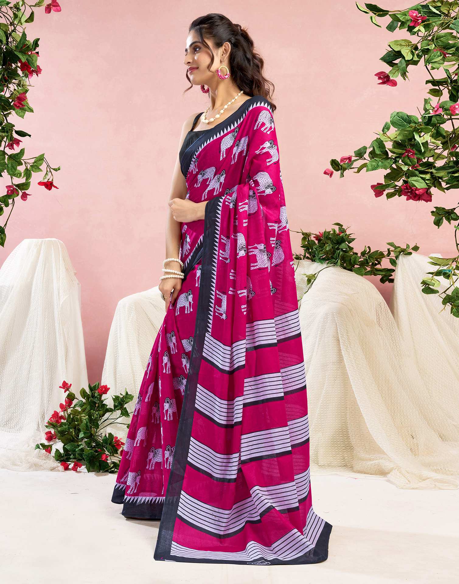 Pink Cotton Printed Saree