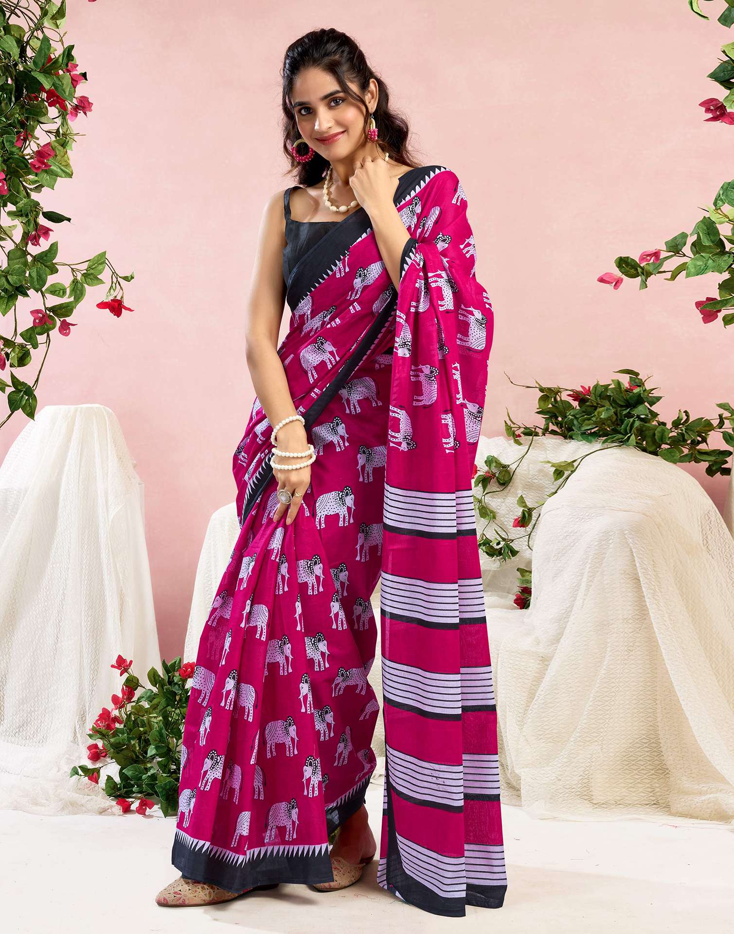 Pink Cotton Printed Saree