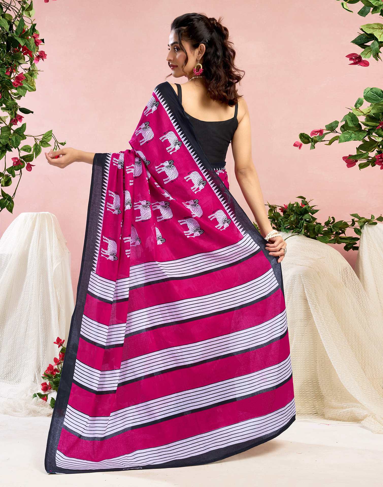 Pink Cotton Printed Saree