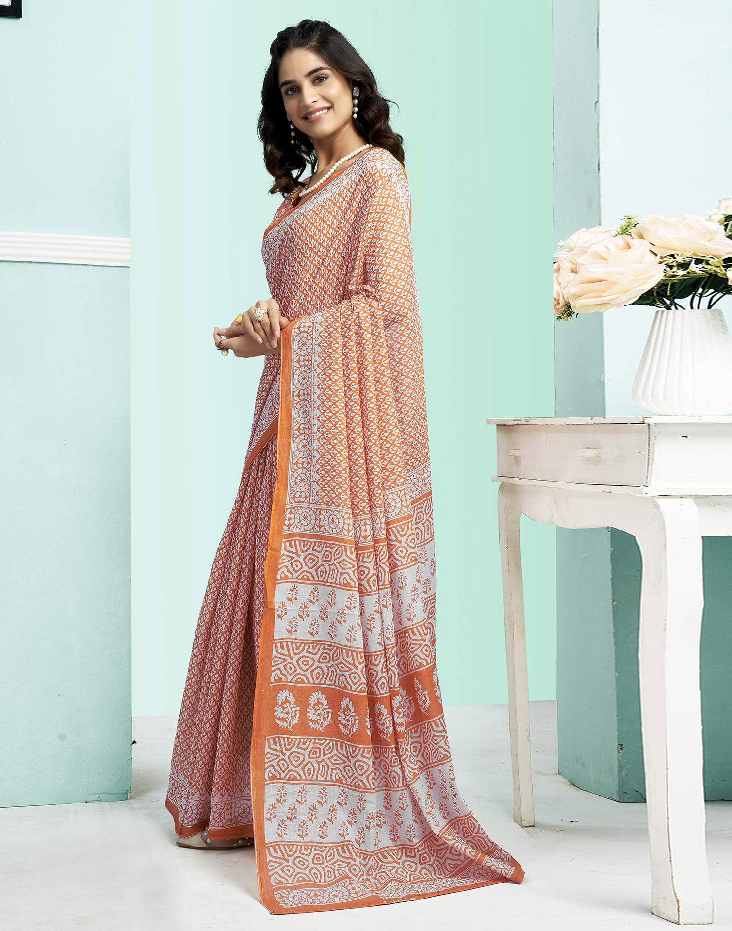Orange Cotton Printed Saree