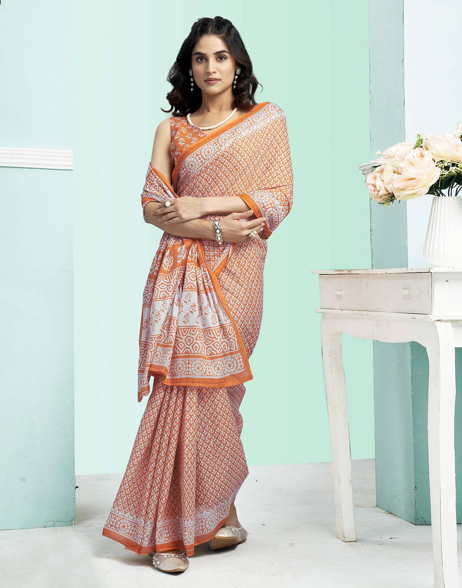 Orange Cotton Printed Saree