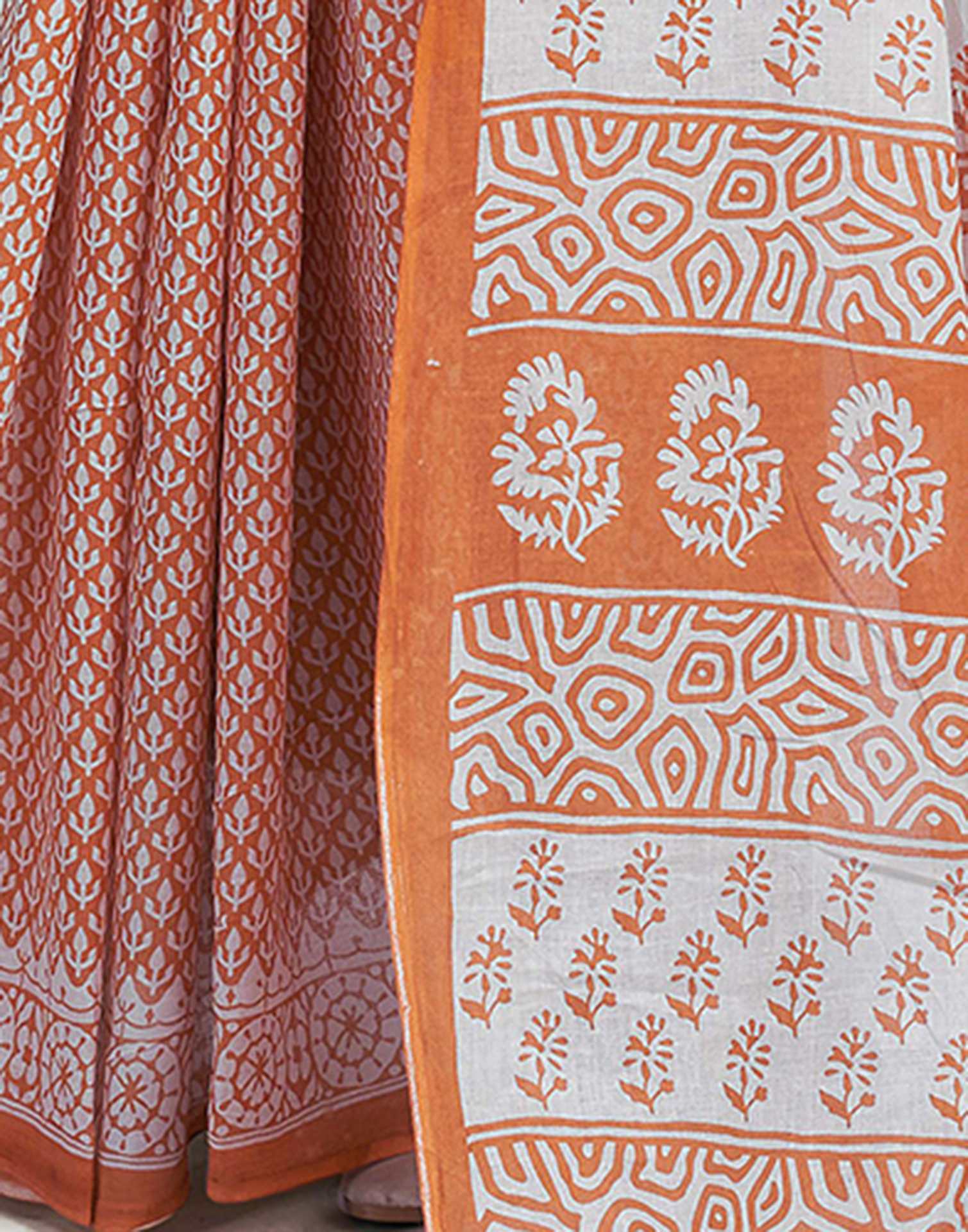 Orange Cotton Printed Saree