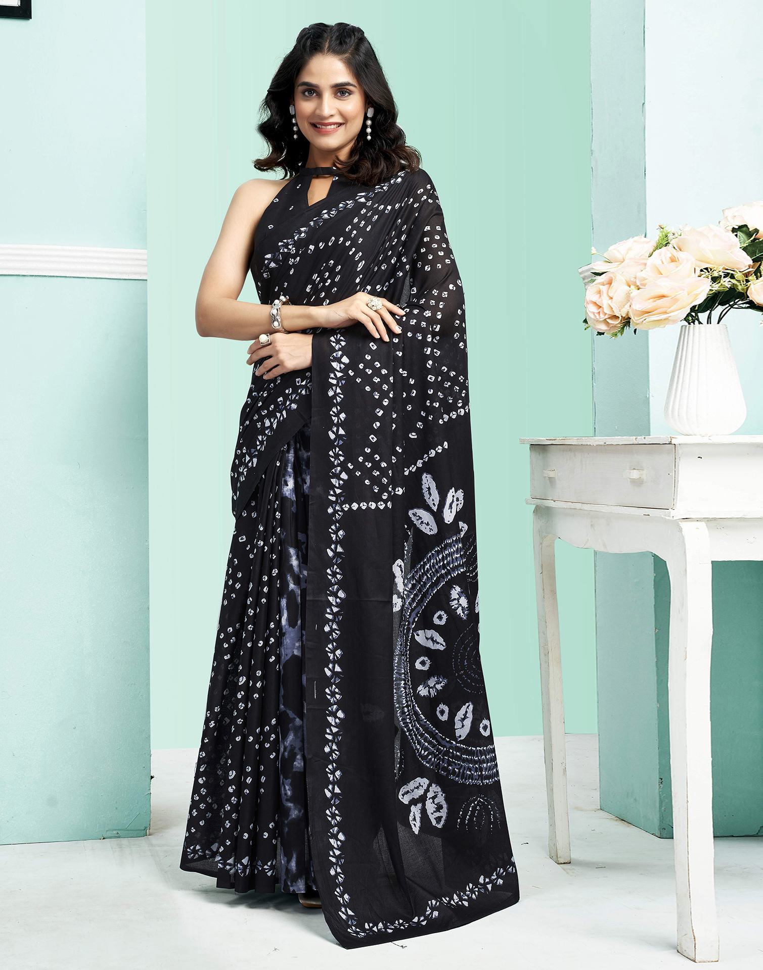 Black Cotton Printed Saree