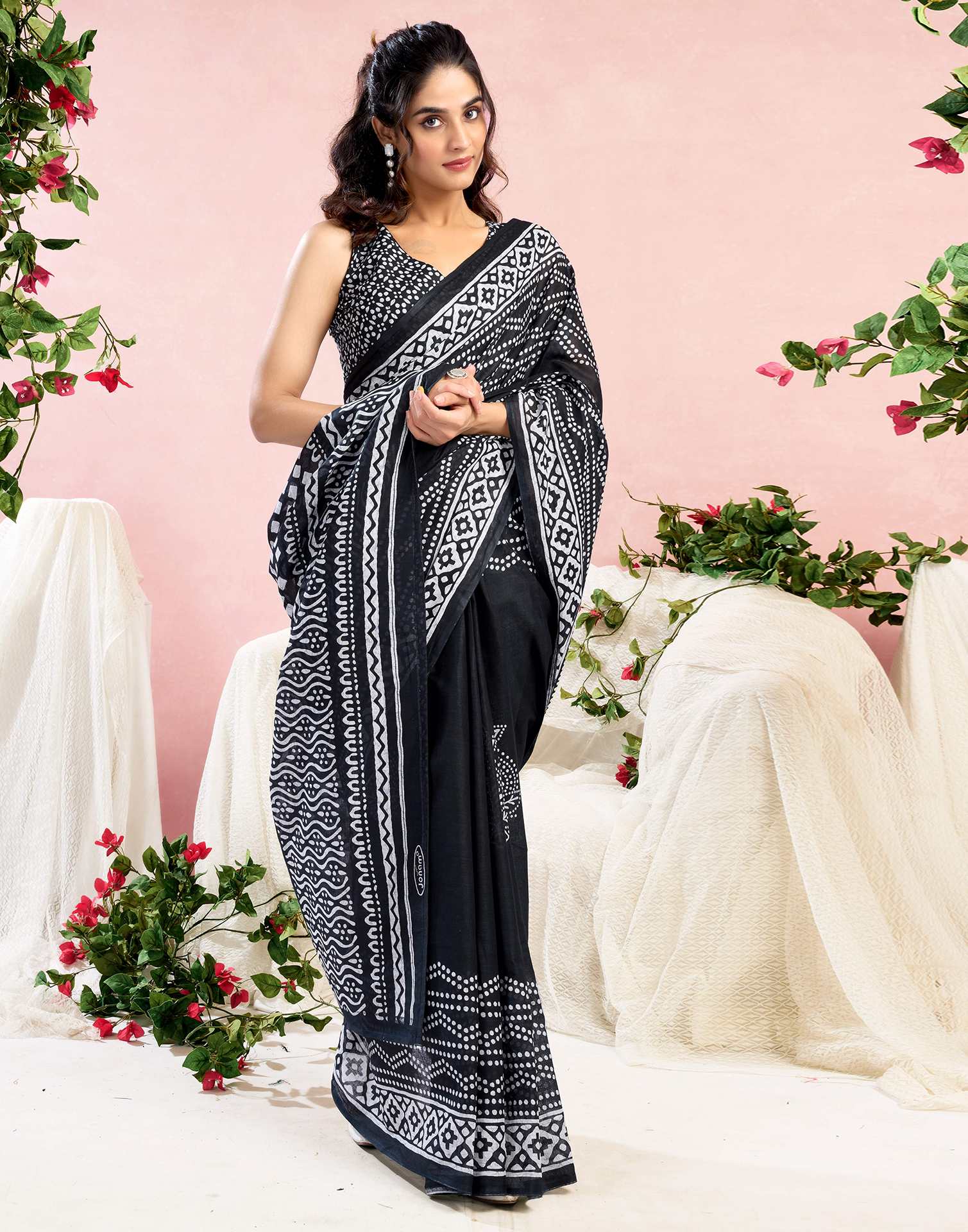 Black Cotton Printed Saree
