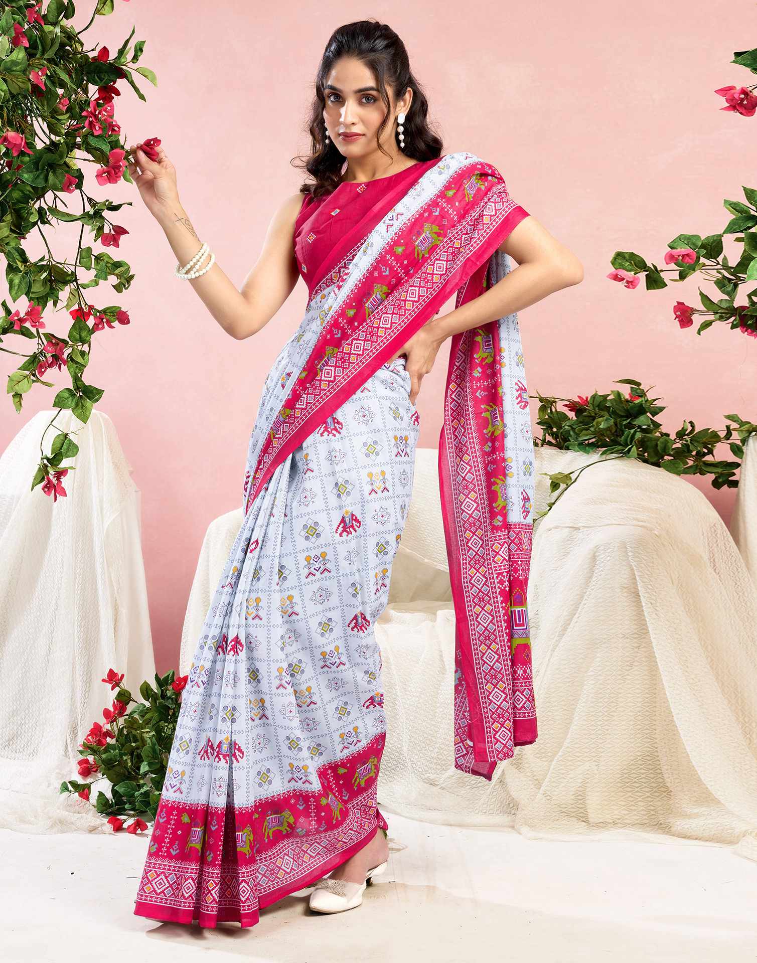 White Cotton Printed Saree