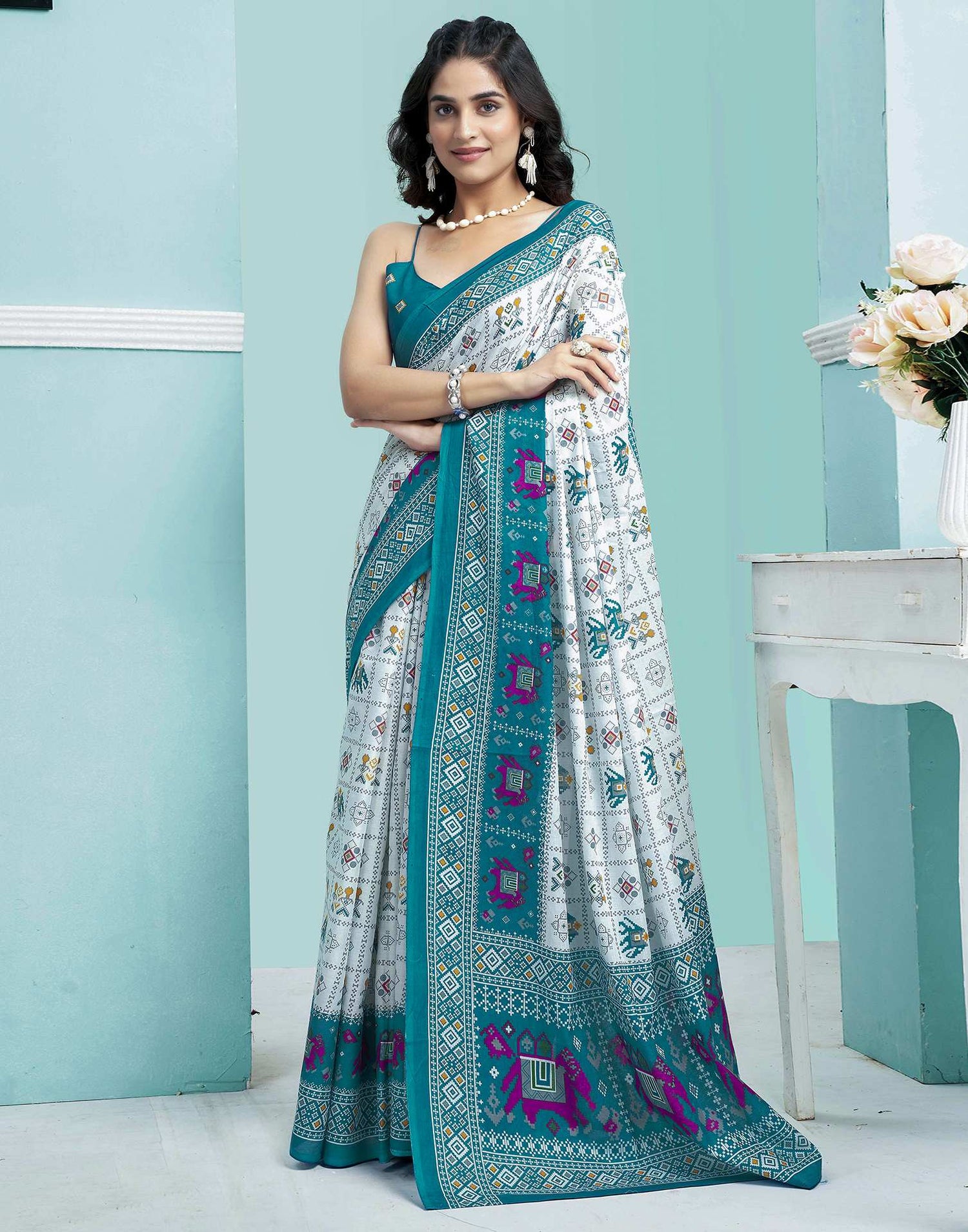 Green Cotton Printed Saree