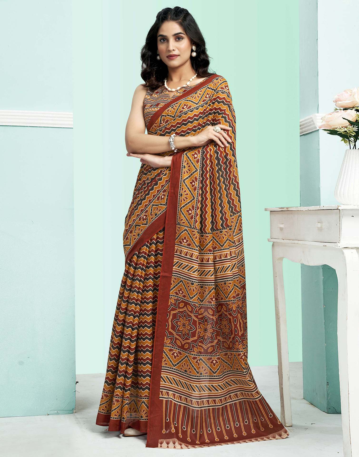 Brown Cotton Printed Saree