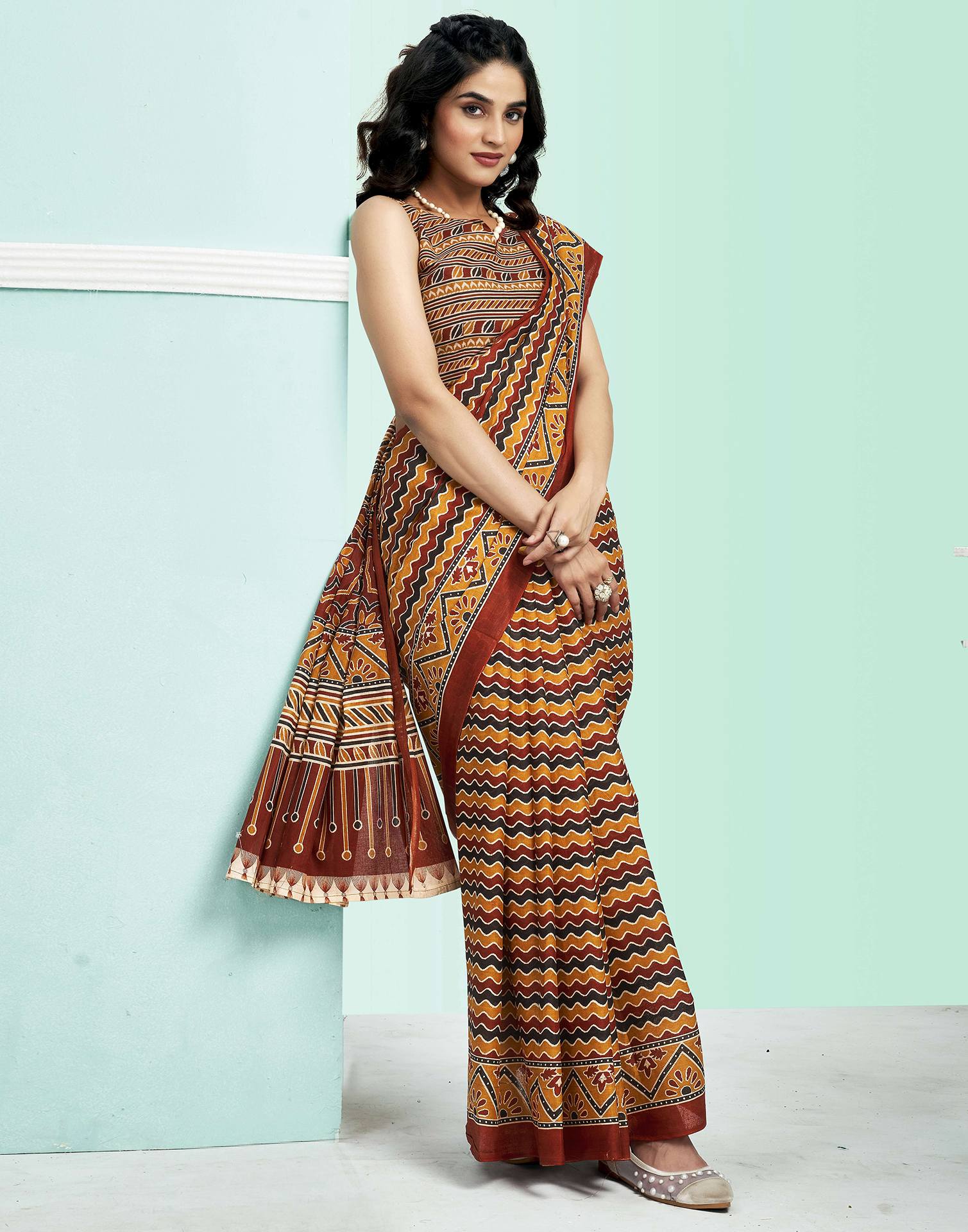 Brown Cotton Printed Saree