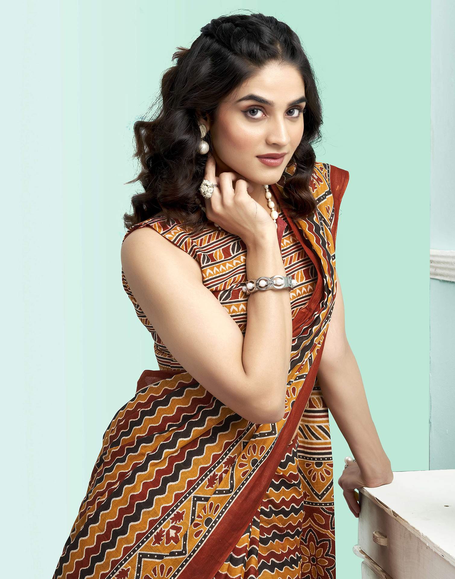 Brown Cotton Printed Saree