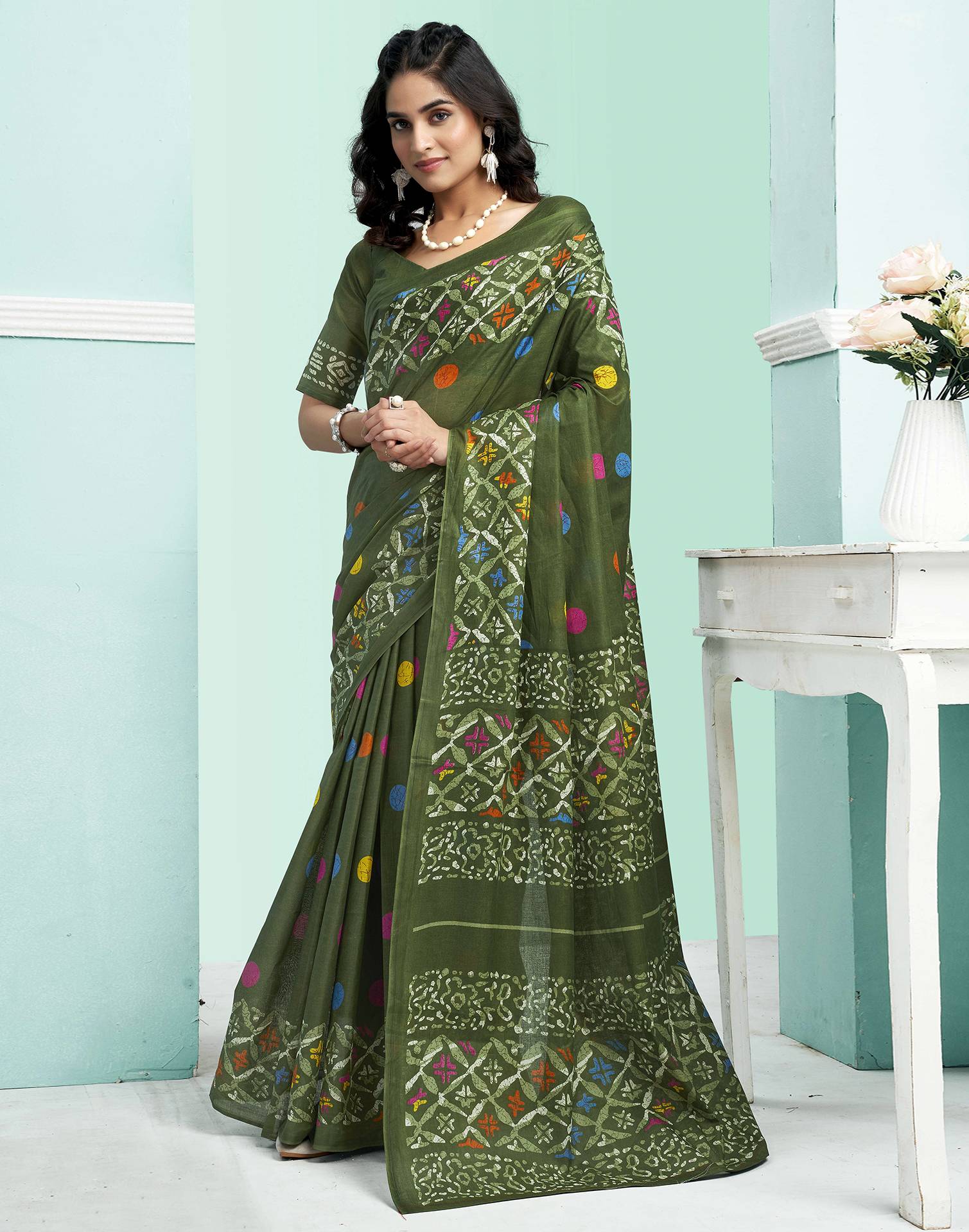 Green Cotton Printed Saree
