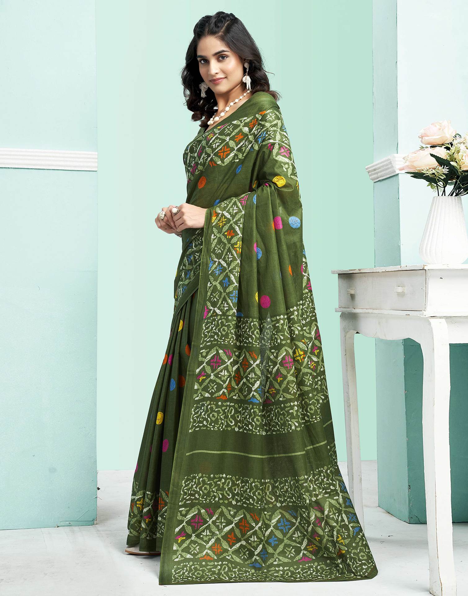 Green Cotton Printed Saree