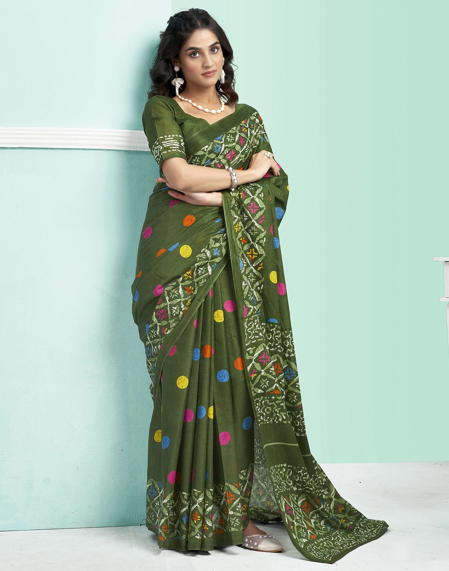 Green Cotton Printed Saree