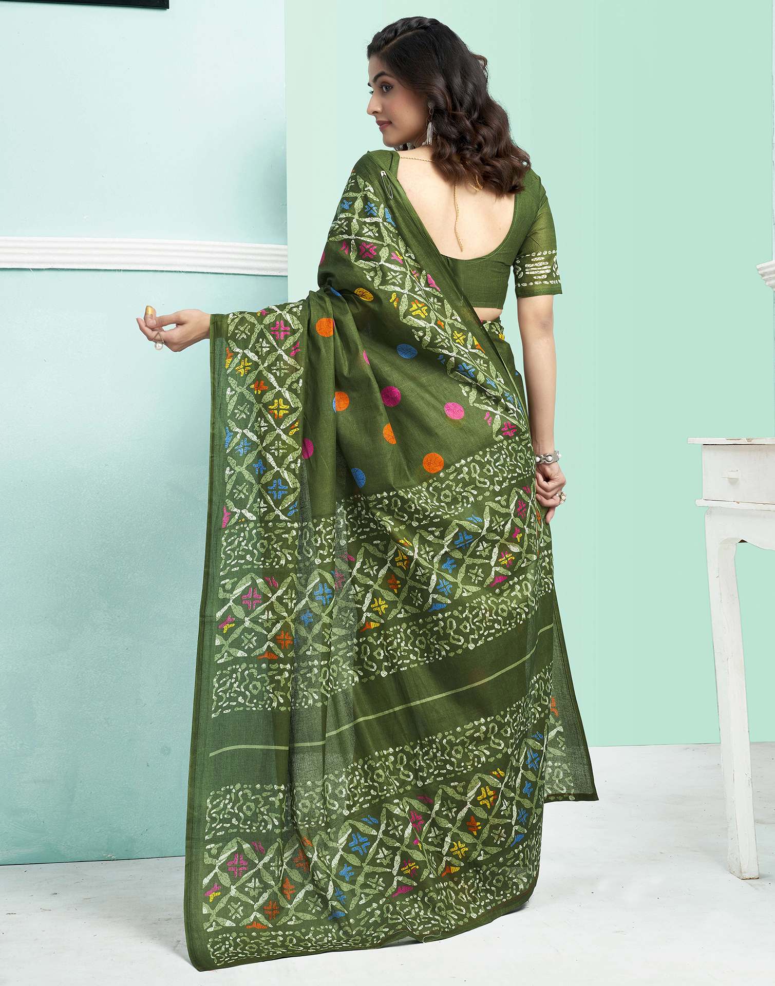 Green Cotton Printed Saree