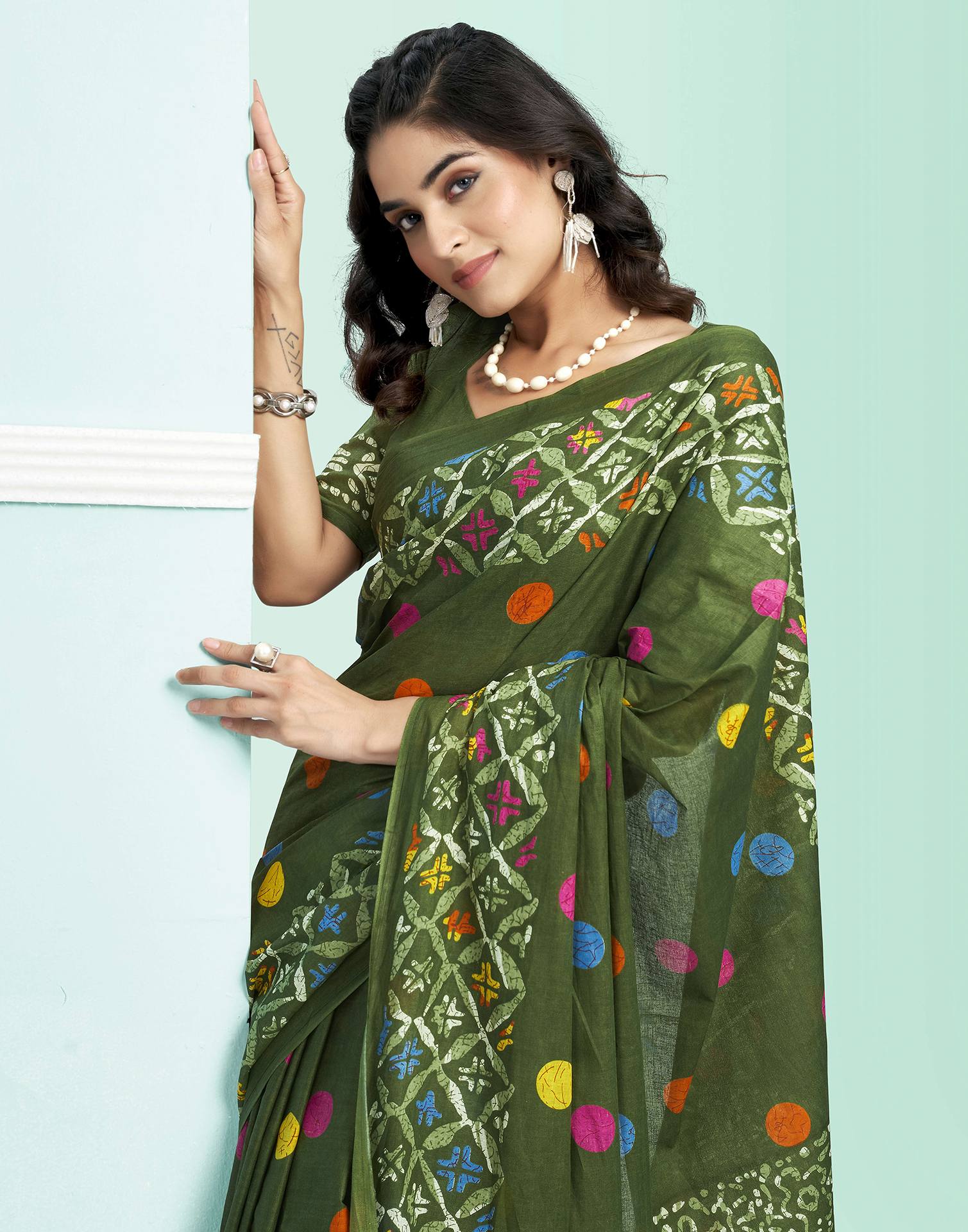 Green Cotton Printed Saree