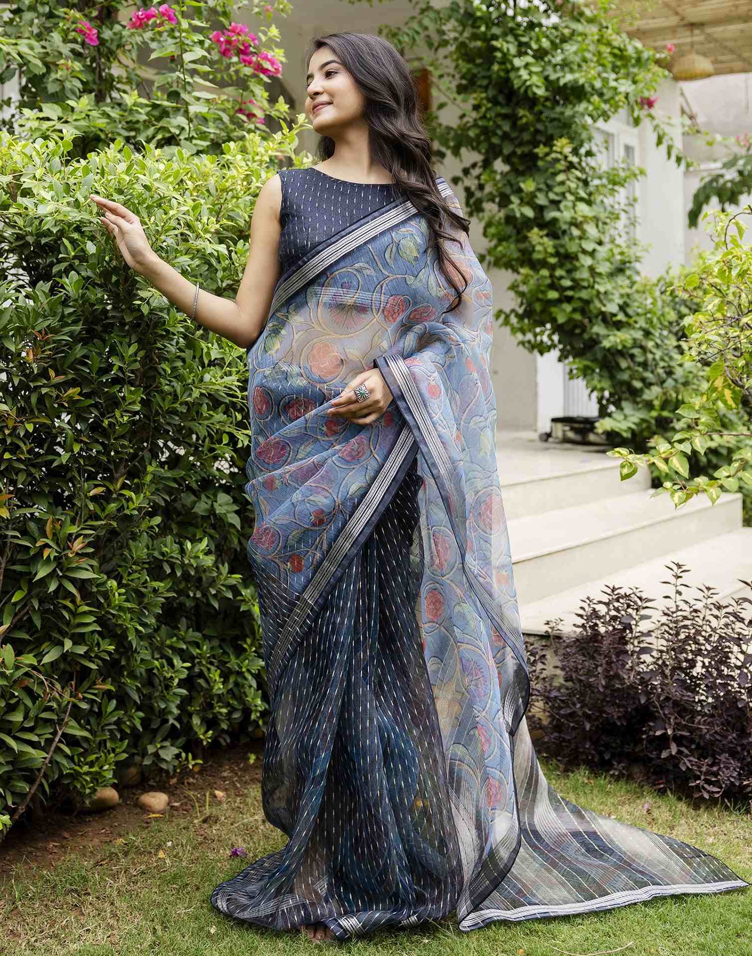 Navy Blue Organza Floral Printed Saree