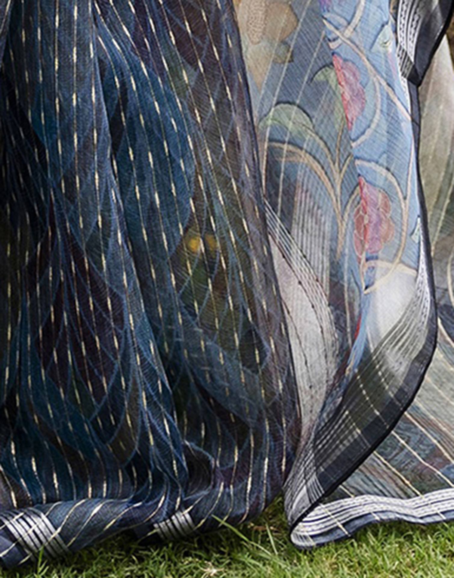 Navy Blue Organza Floral Printed Saree
