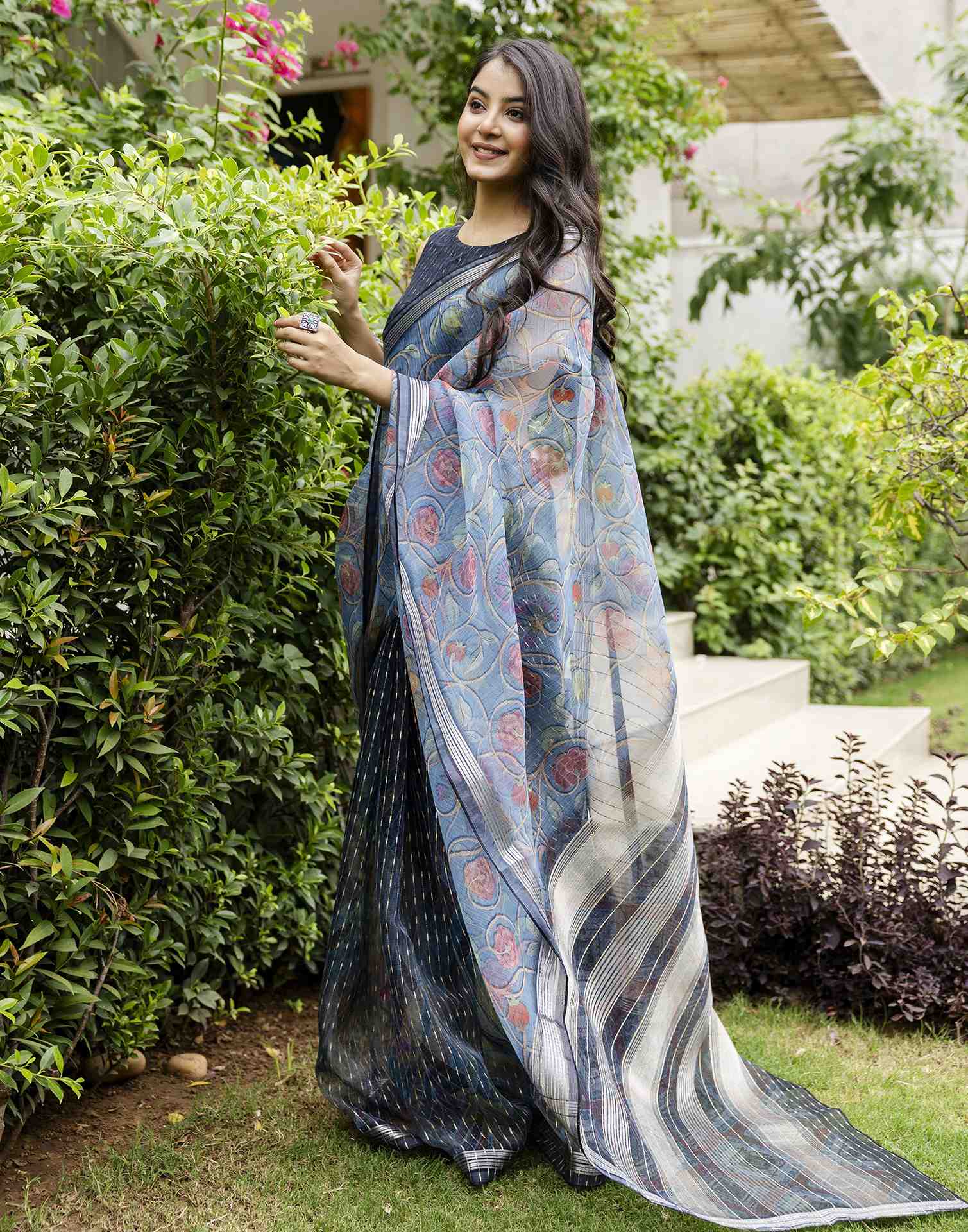 Navy Blue Organza Floral Printed Saree