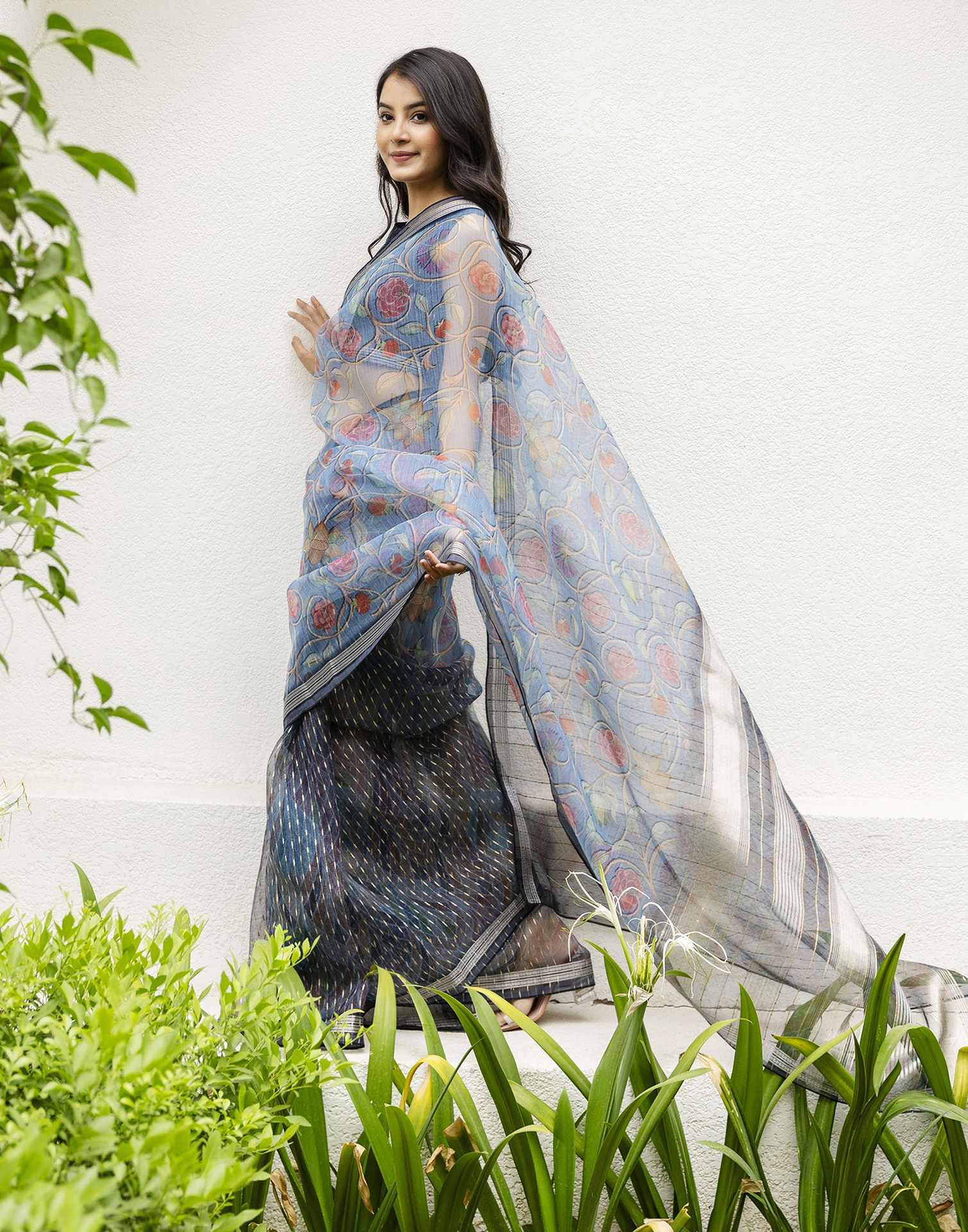 Navy Blue Organza Floral Printed Saree