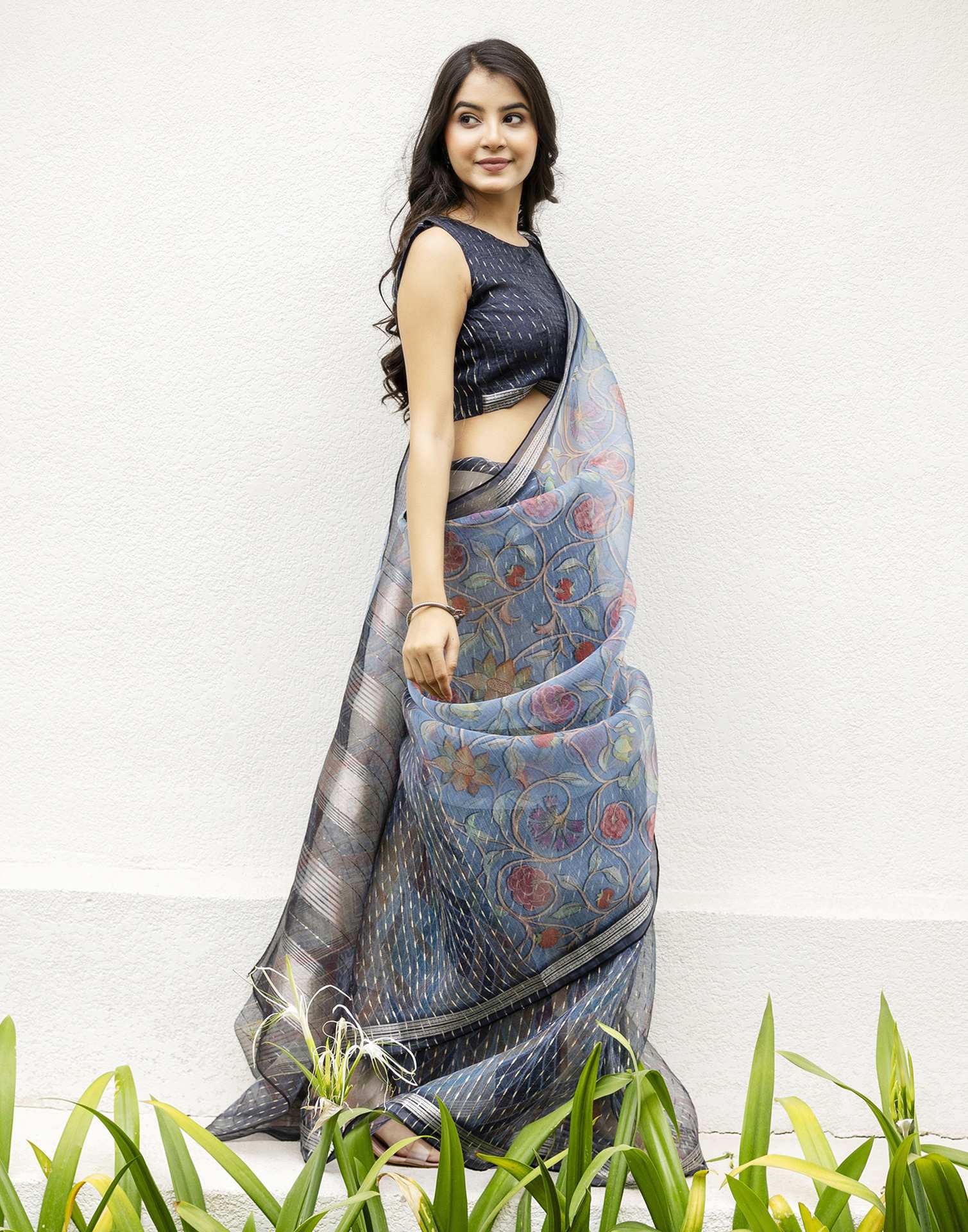 Navy Blue Organza Floral Printed Saree