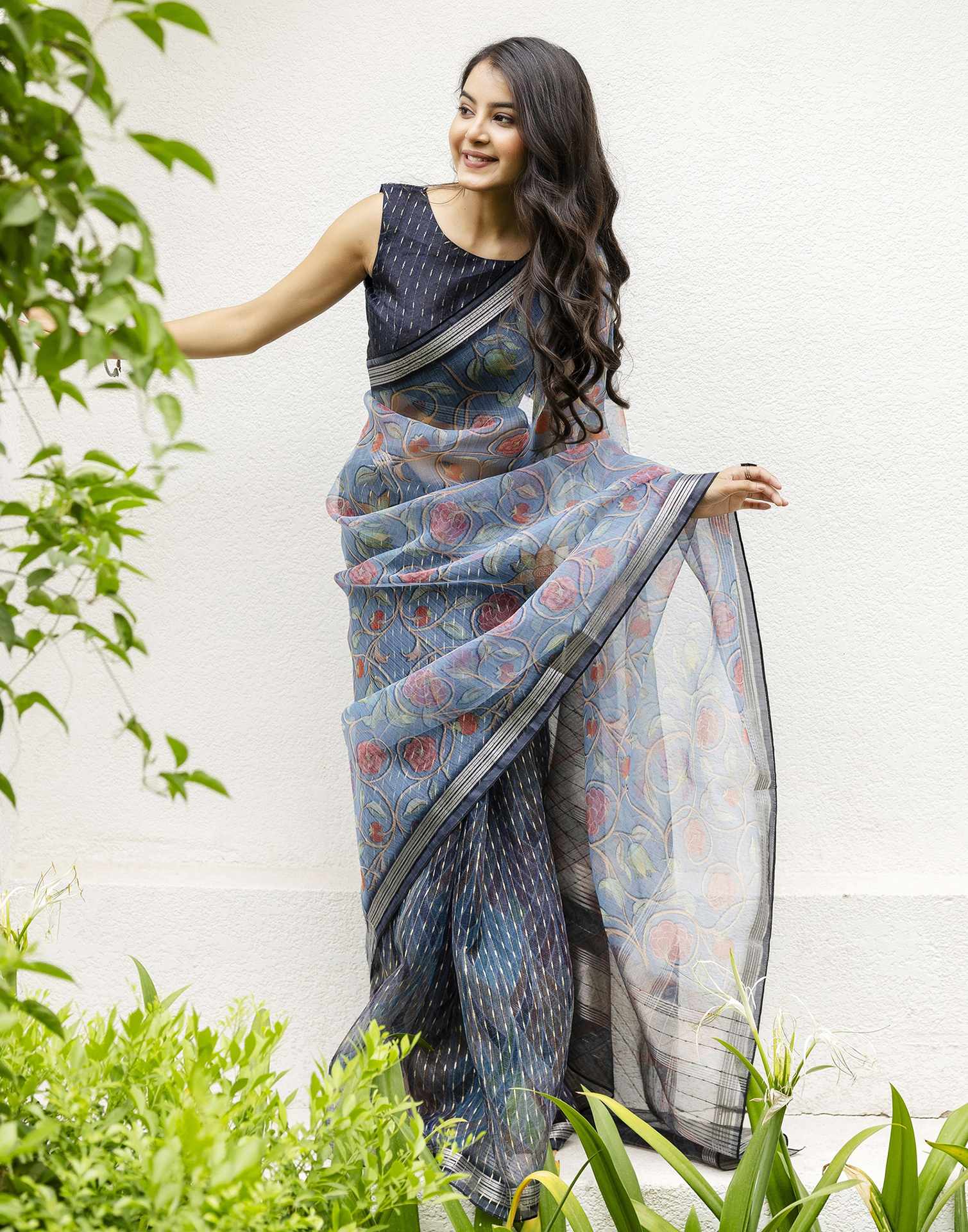 Navy Blue Organza Floral Printed Saree