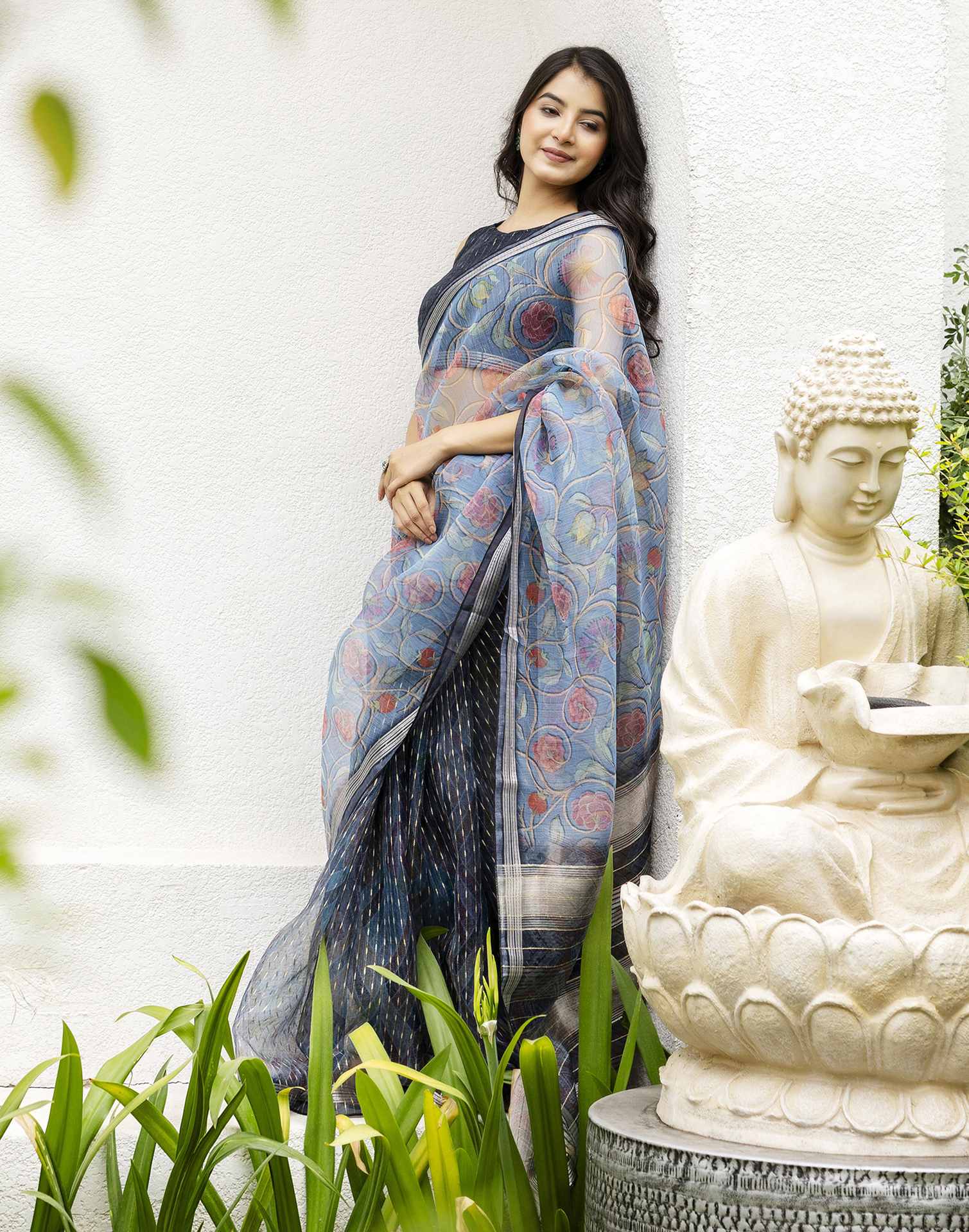 Navy Blue Organza Floral Printed Saree